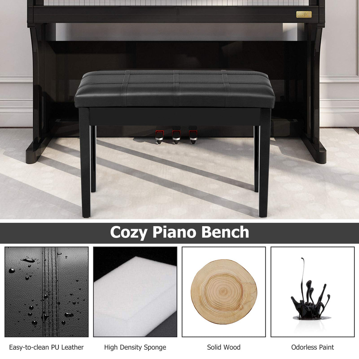GOFLAME Piano Bench with Padded Cushion and Music Storage, Comfortable Double Duet Seat with PU