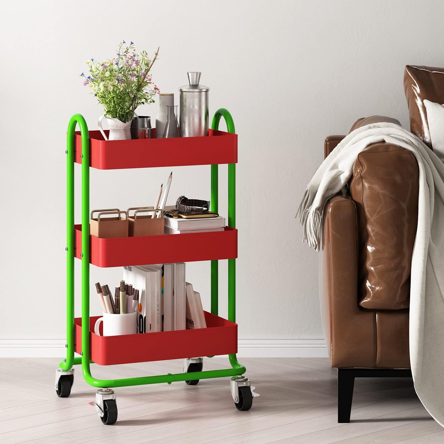 Elitehouse Metal Rolling Cart,3-Tier Metal Rolling Cart with Wheels,3 Tier Utility Cart with Wheels