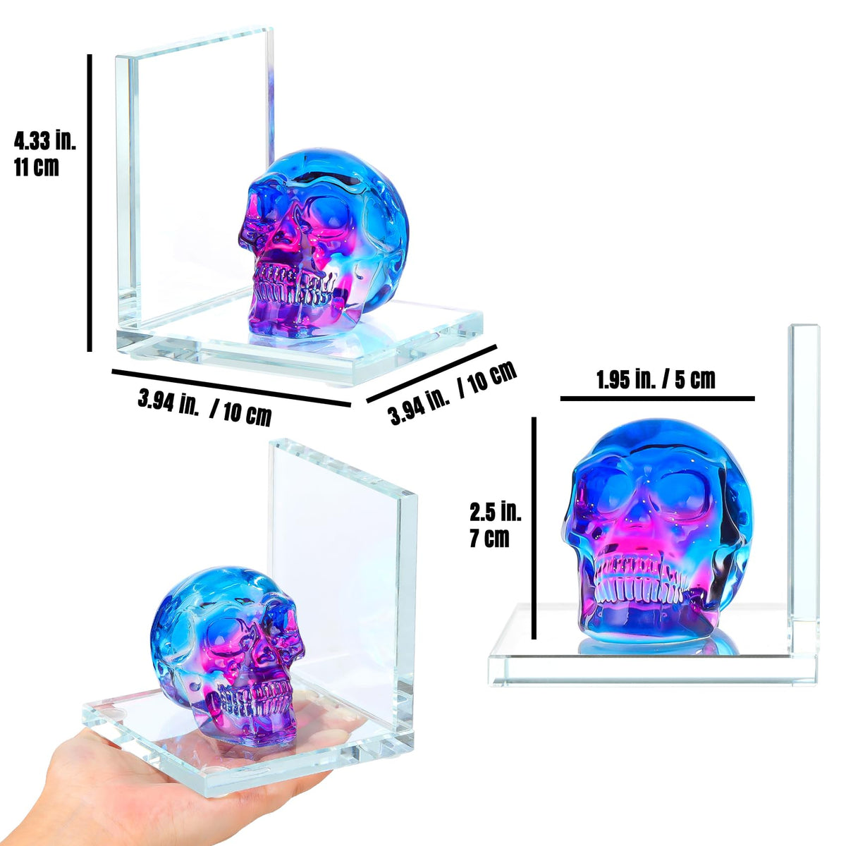 Glass Skull Book Ends for Shelves with Blue and Purple Crystal Skulls