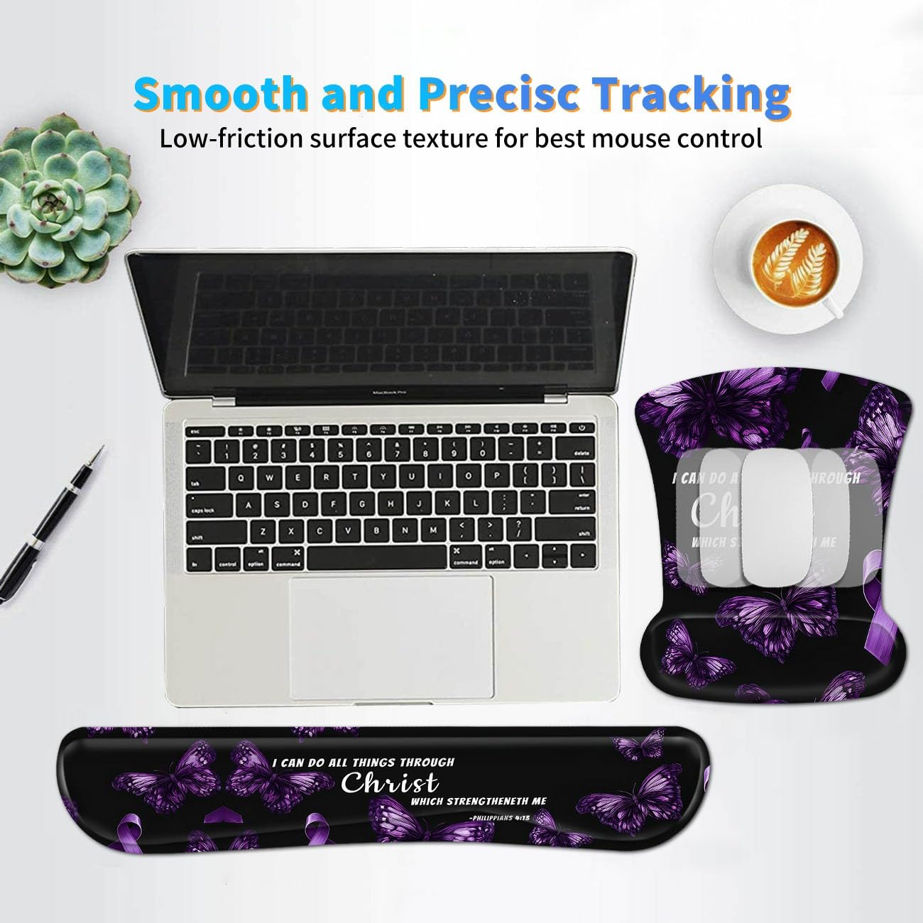 3-in-1 Ergonomic Memory Foam Keyboard Wrist Rest Pad Set, Purple Butterfly