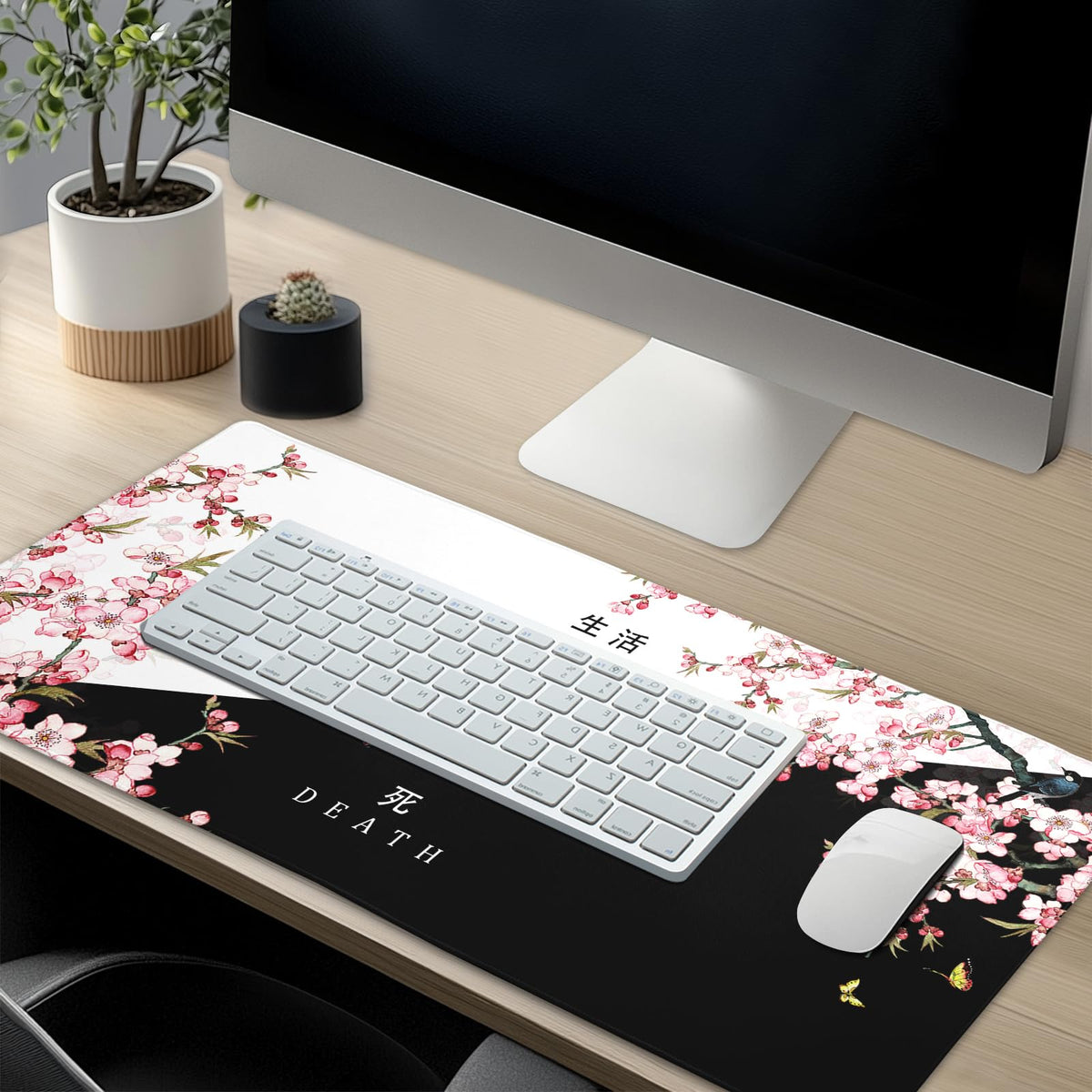 XXL Large Gaming Mouse Pad, Pink Sakura Death Life Extended Desk Pad Non-Slip Rubber Base