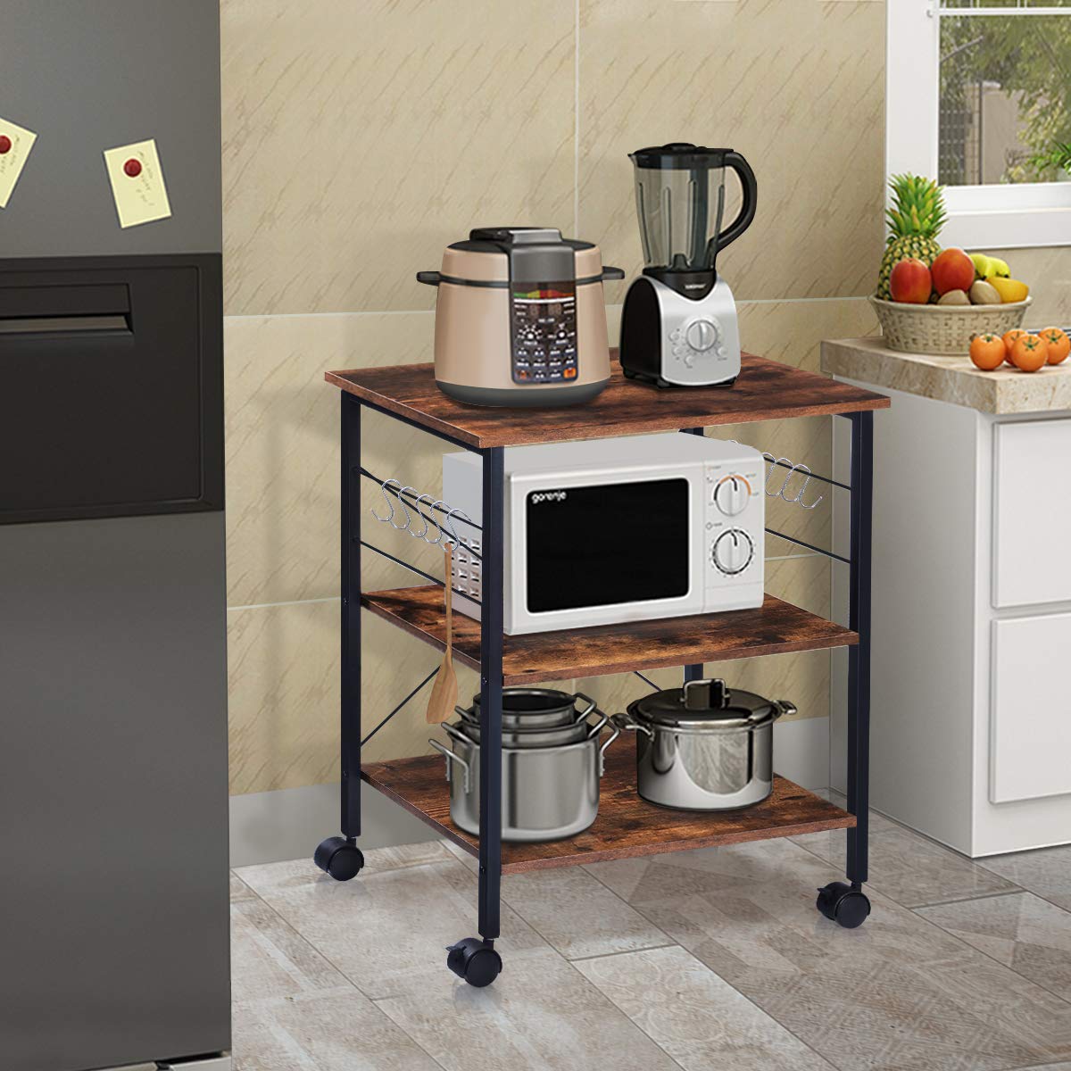 Rustic Brown 3-Tier Bakers Rack with Wheels - Microwave Stand and Coffee Cart for Kitchen and