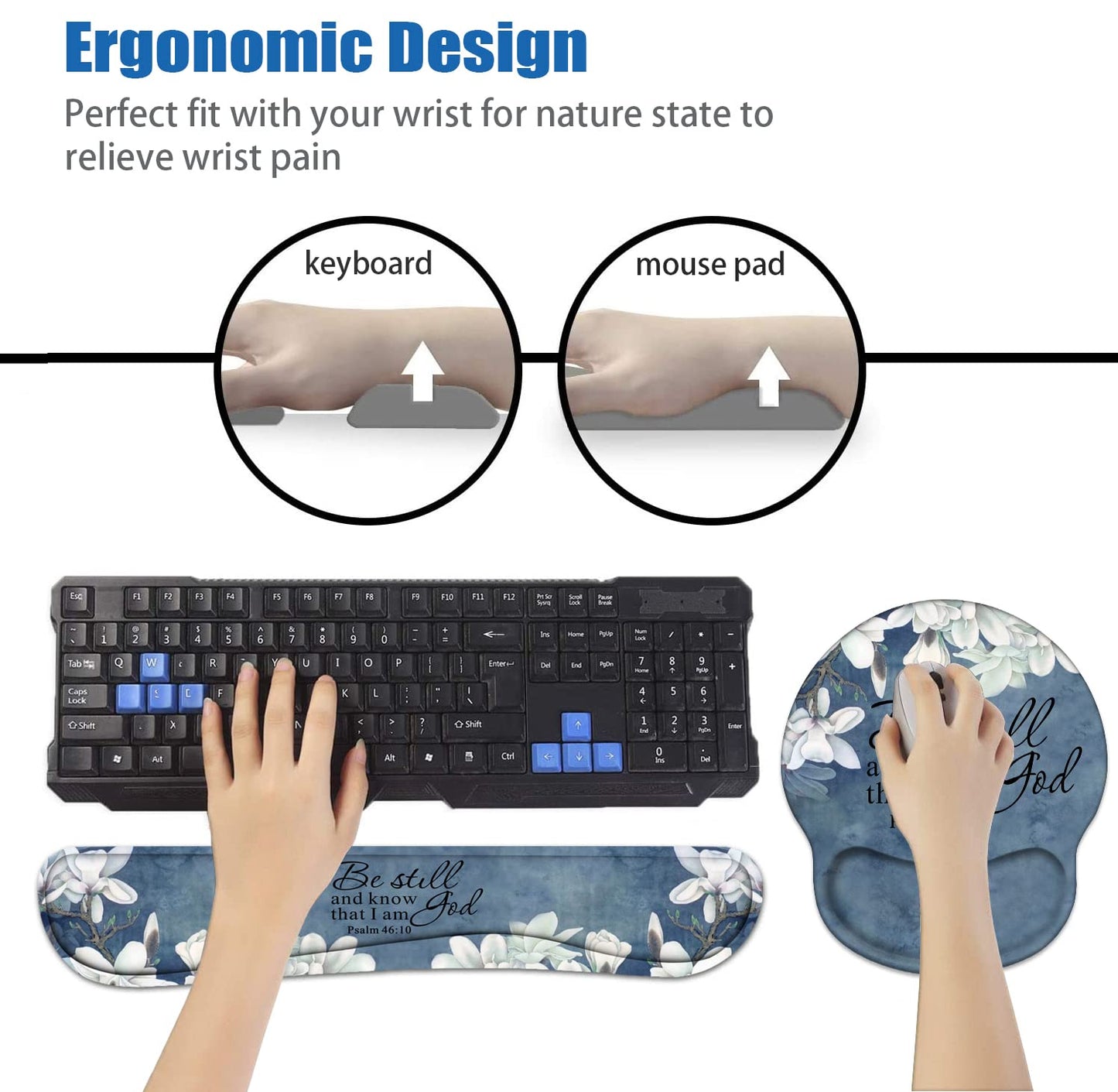 Keyboard Wrist Rest and Mouse Pad Wrist Support Set with Coasters, Christian Bible Verse Psalm