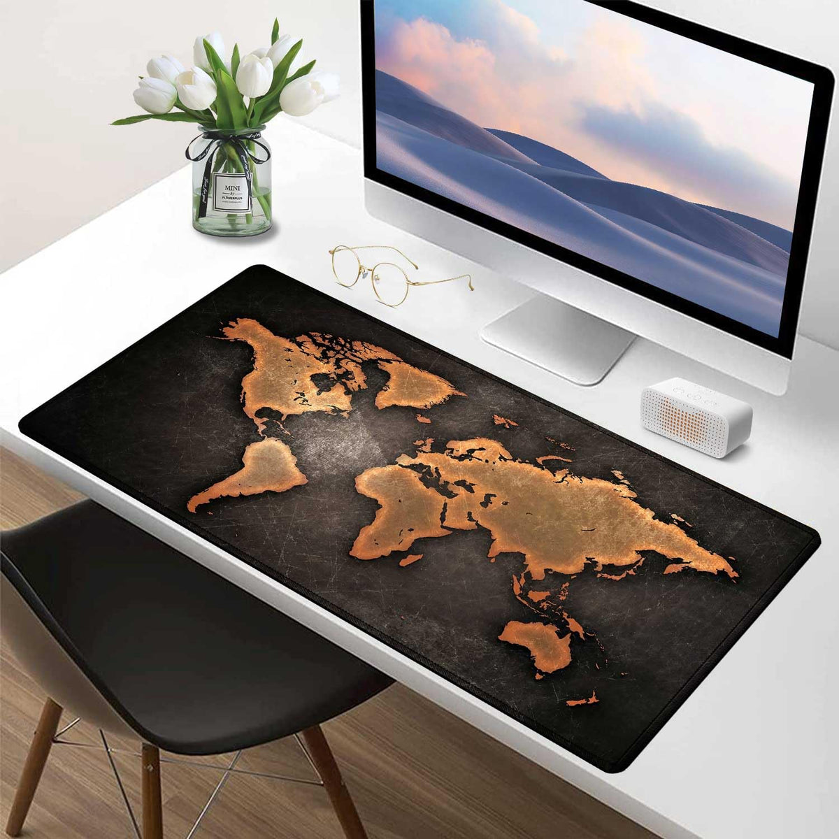 Black World Map Mouse Pads for Desk, Large Mouse Pad with Stitched Edges 31.5" × 15.7" inch.Gaming
