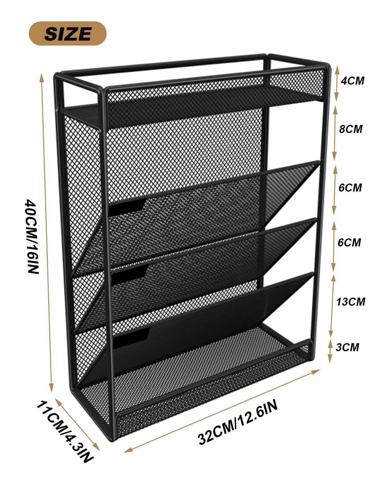 ZNMYDMT 5 Tier Mesh Wall File Organizer,3 Pockets vertical Mount Hanging Organizer with Top/Bottom