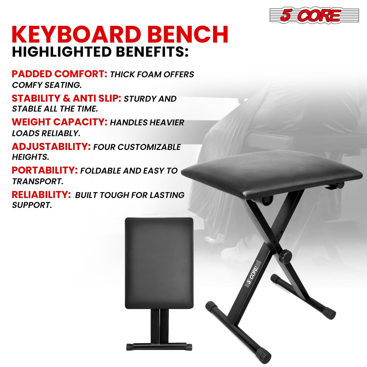 5 CORE Keyboard Bench X Style Padded Cushion Height Adjustable Piano Stool Seat Portable Keyboard