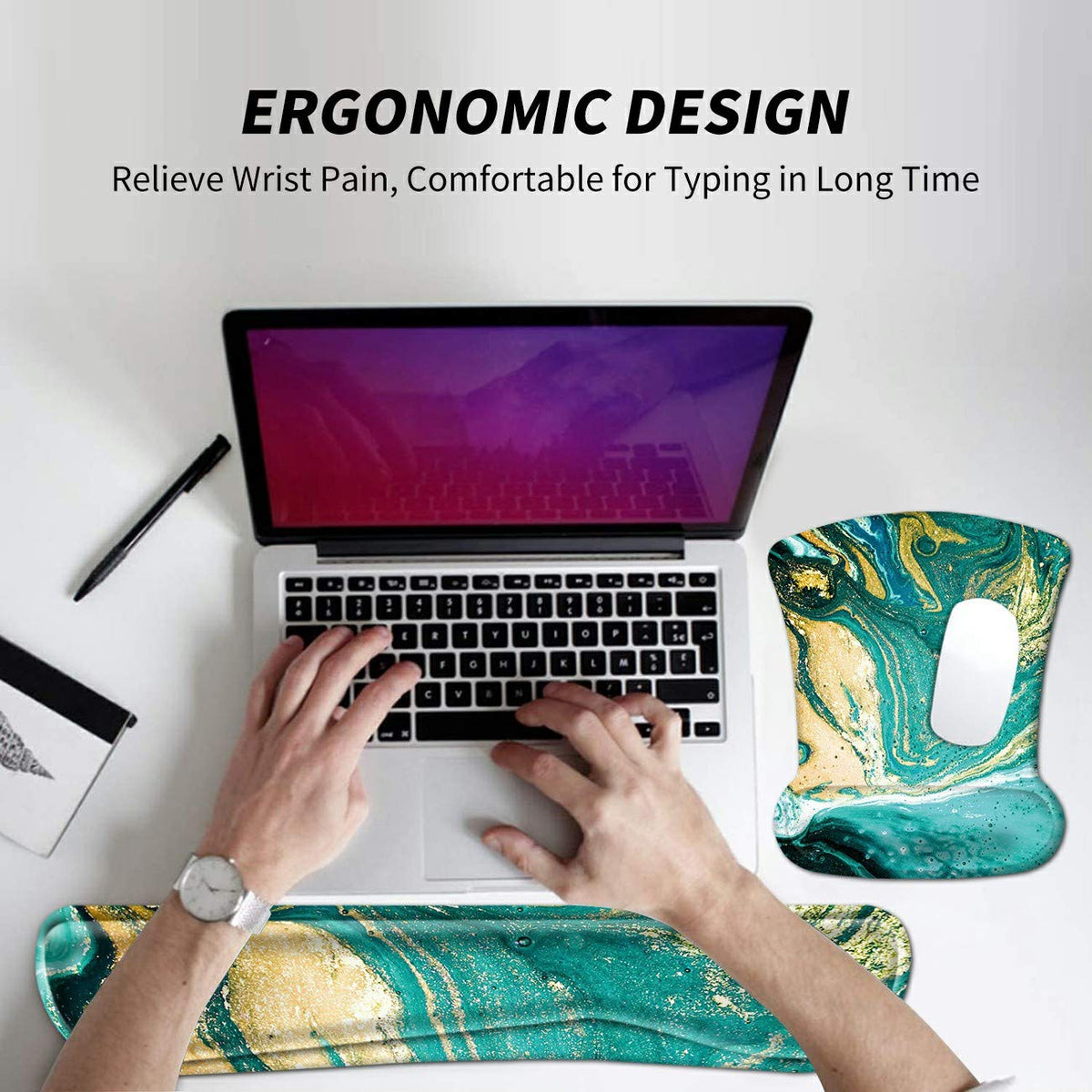 Wrist Rest for Computer Keyboard and Mouse Pad with Wrist Support Gel Teal Marble Ergonomic