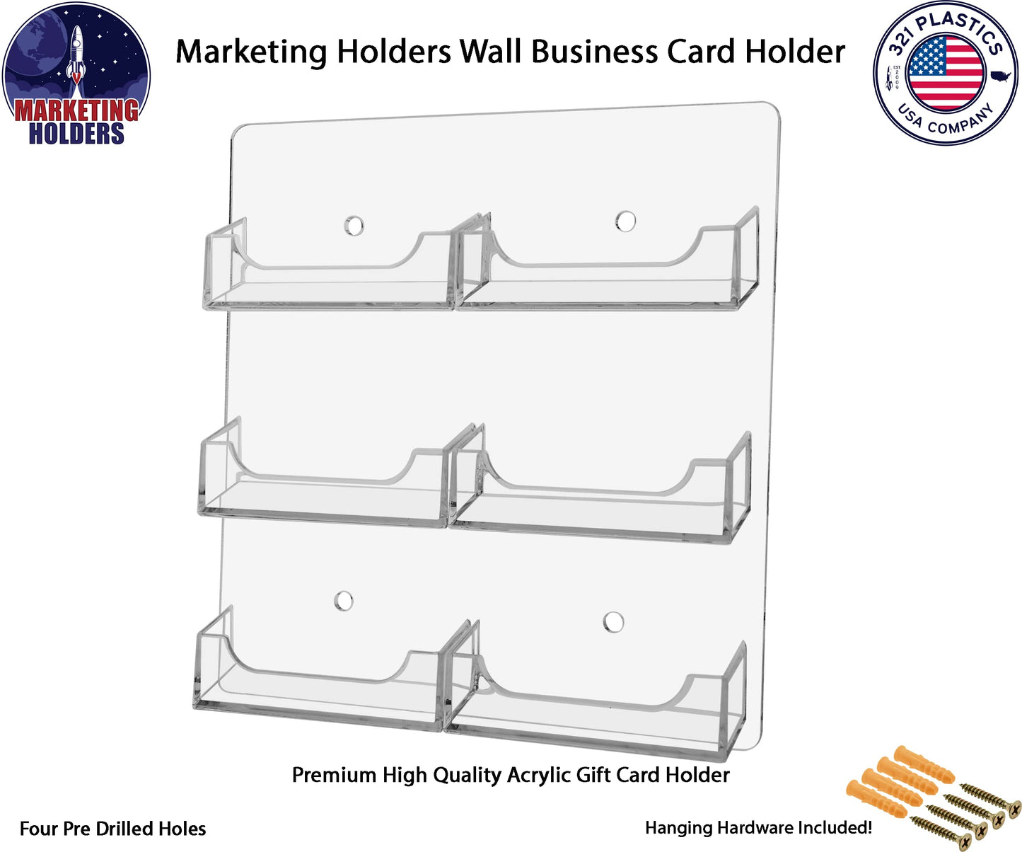 Marketing Holders Hanging Business Card Holder with Hardware 6 Pocket Clear Acrylic Wall Mount