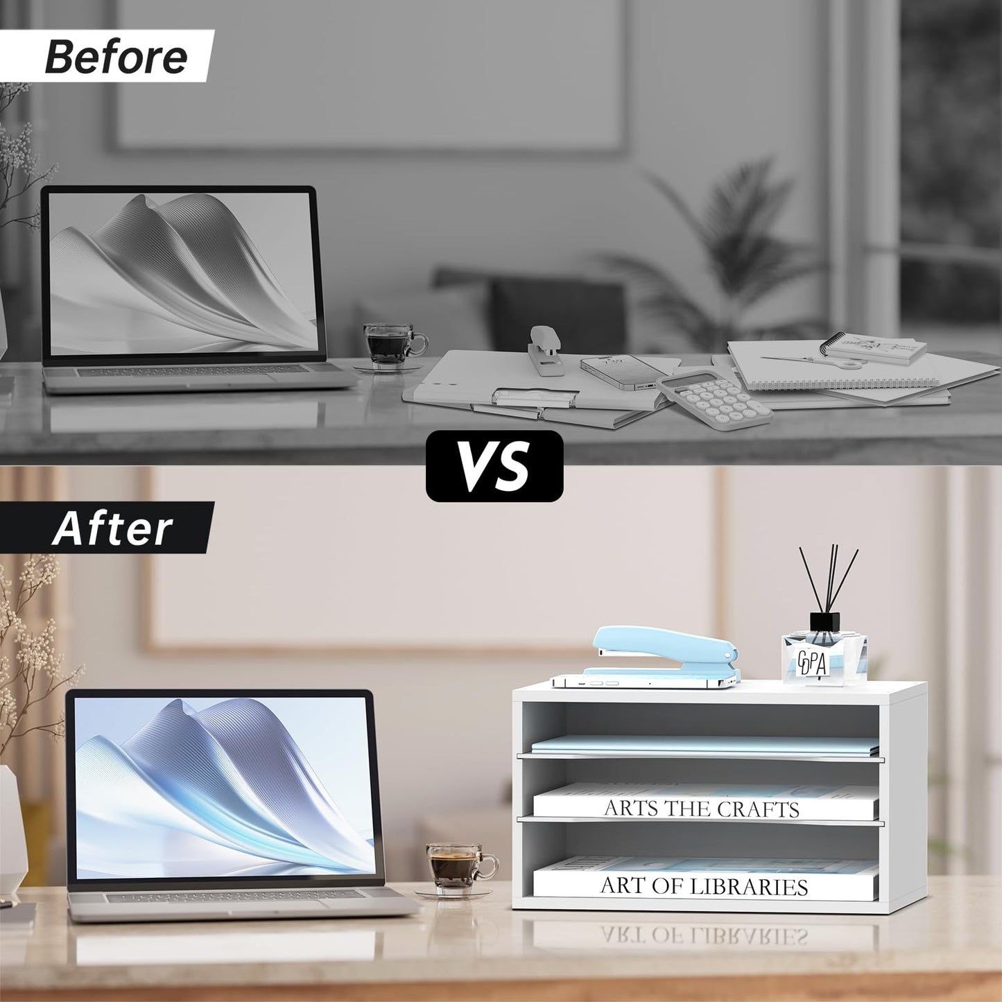 3 Tier Wood Desk Organizer, Mail Sorter and Paper Organizer for Desk, White