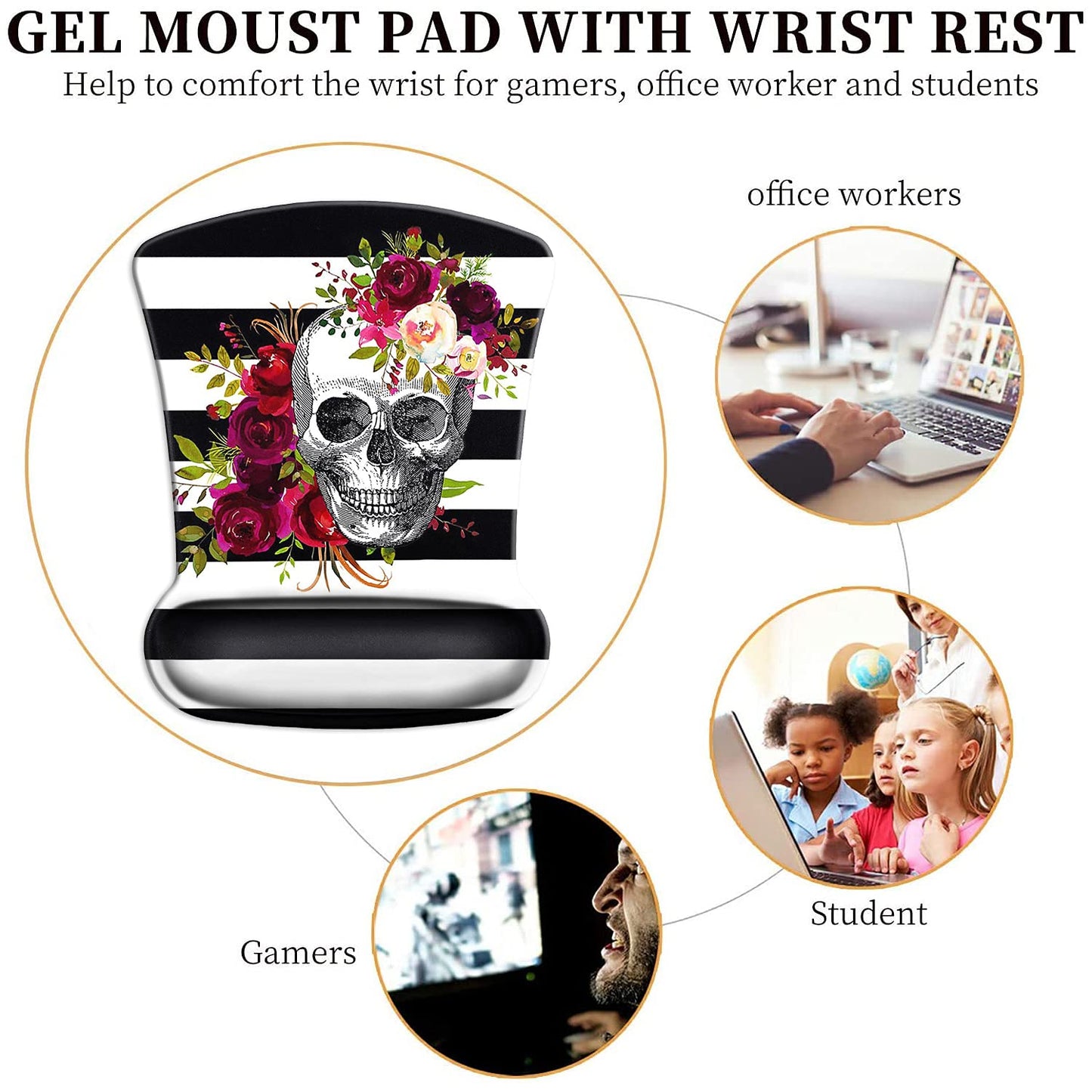 Ergonomic Mouse Pad Wrist Support Gel and Keyboard Wrist Rest Set Skull Flower Design for Laptop