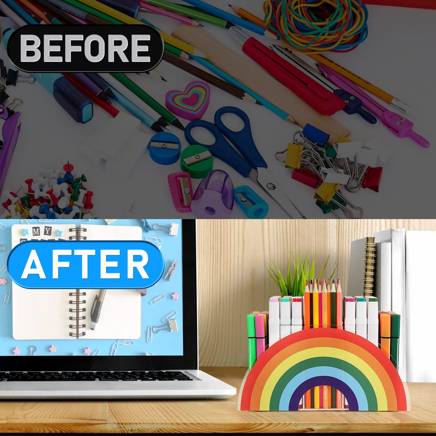Flytreal Acrylic Pen Pencil Holder Clear Desk Organizer, Rainbow Home Office Desk Pen Storage