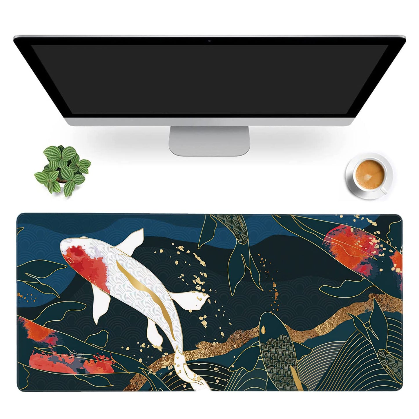 Watercolor Japanese Koi Fish Extended Gaming Mouse Pad Large Desk Mat with Non-Slip Rubber Base and