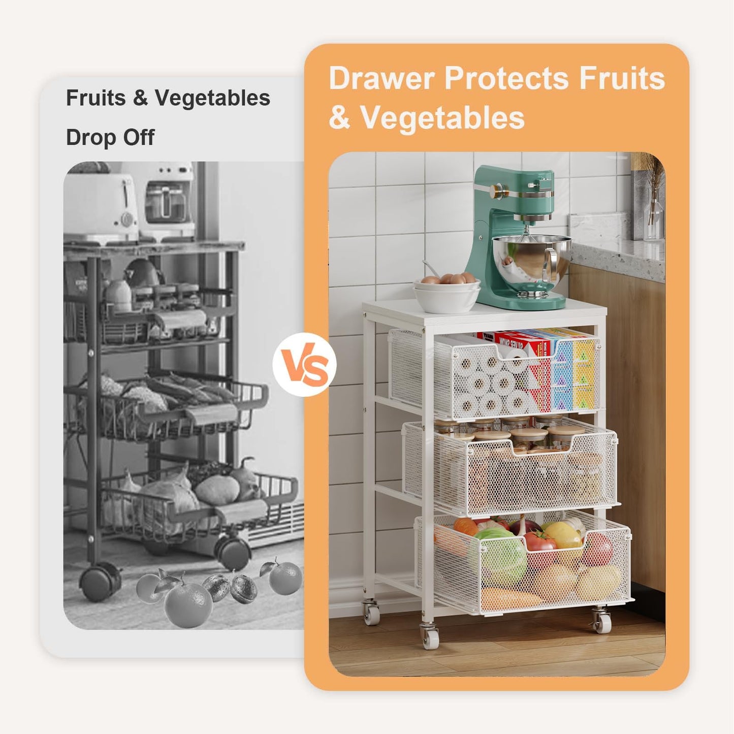 Kitchen Cart with Storage, 3-Tier Pantry Organizer and Storage Cart with Drawer, Fruit Vegetable