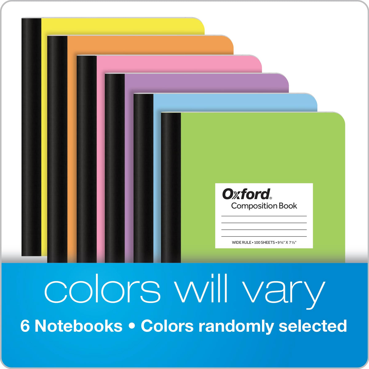 Oxford Composition Notebooks, 6 Pack, Cover Colors Vary, Wide Ruled Paper, 9-3/4 x 7-1/2 Inch