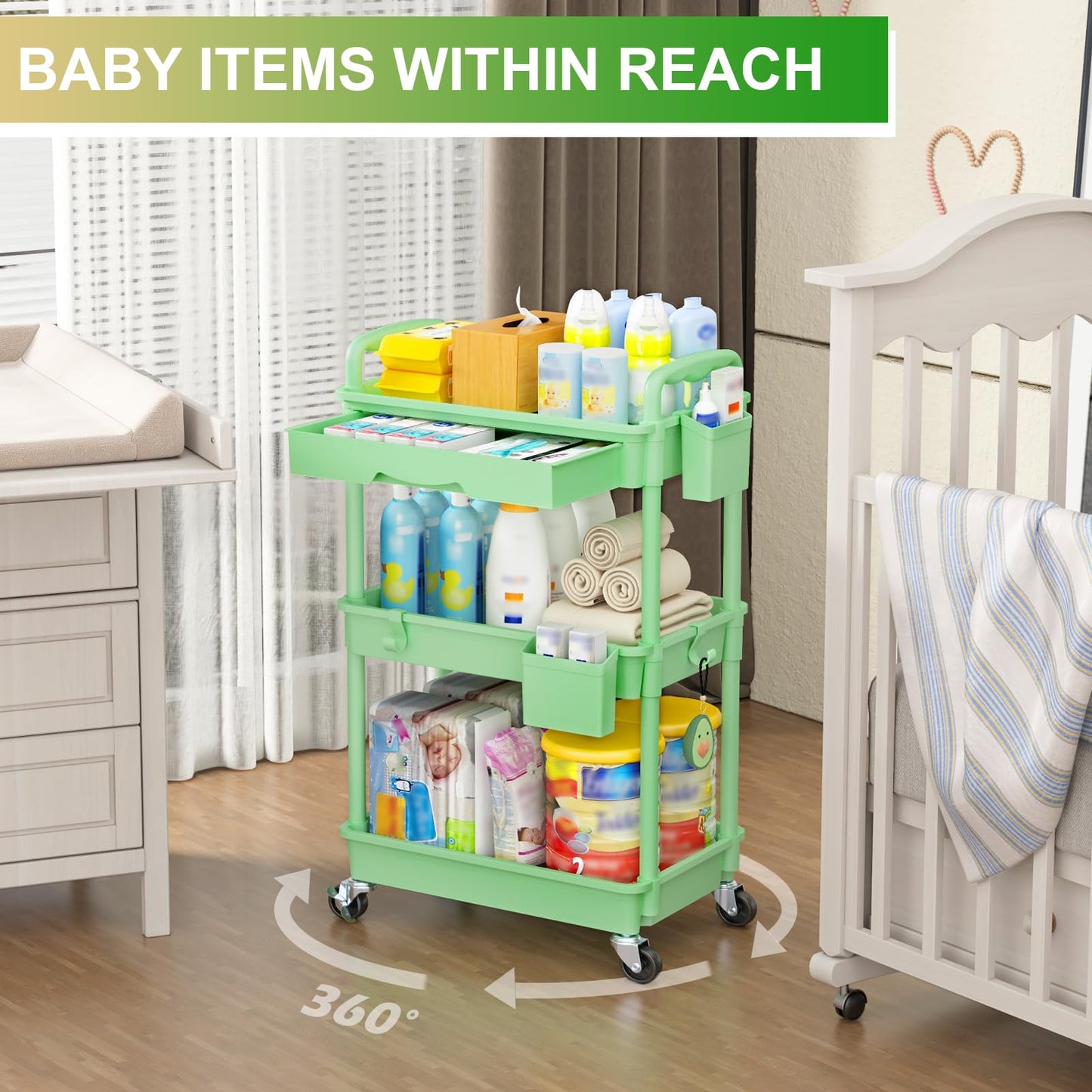 Goovilla 3 Tier Rolling Utility Cart Organizer with Removable Drawer, Green