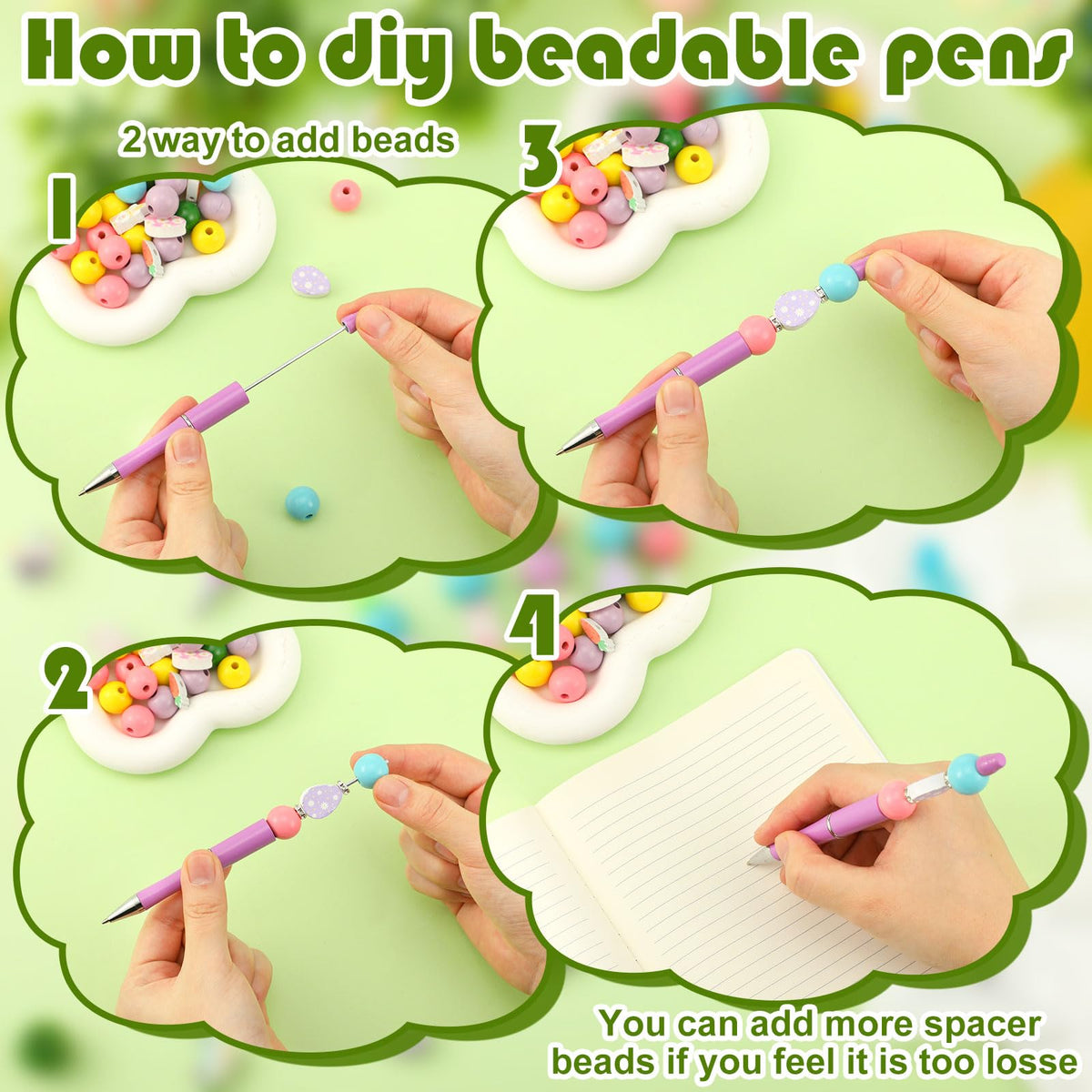 Zhanmai 197 Pcs Easter DIY Beadable Pens Kit 24 Plastic Ballpoint Pen with 101 Assorted Colors