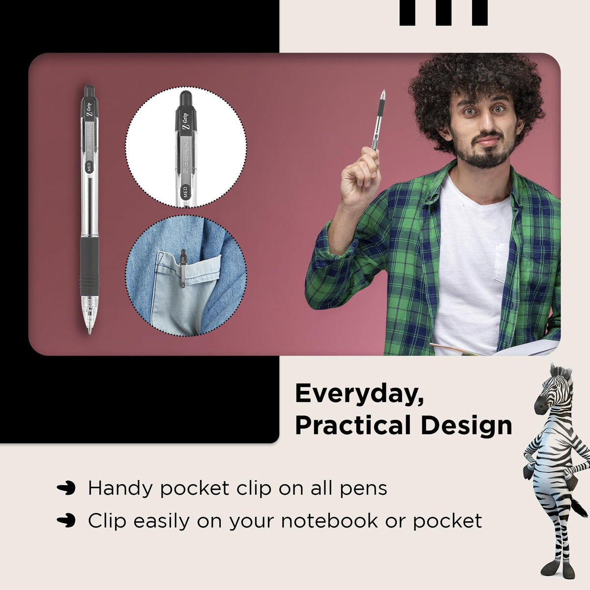 ZEBRA Z GRIP Black Ballpoint Pens, Retractable with smooth ink, comfortable grip and pocket clip