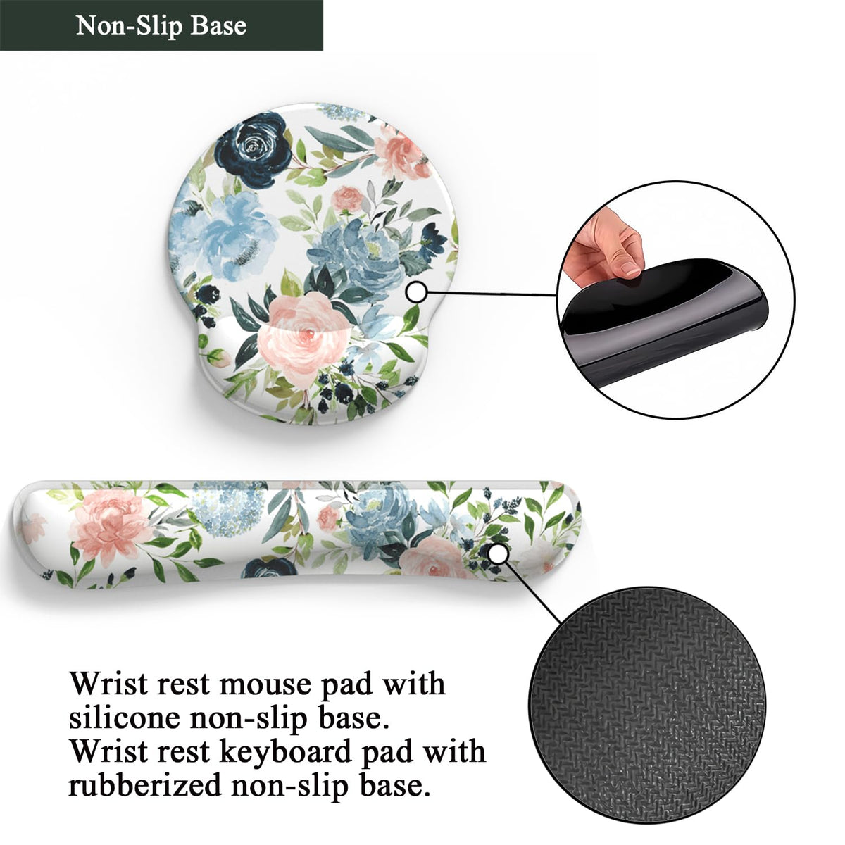 Green Blue Pink Floral Mouse Pad Wrist Support Keyboard Wrist Rest Set, Ergonomic Mouse Pad with