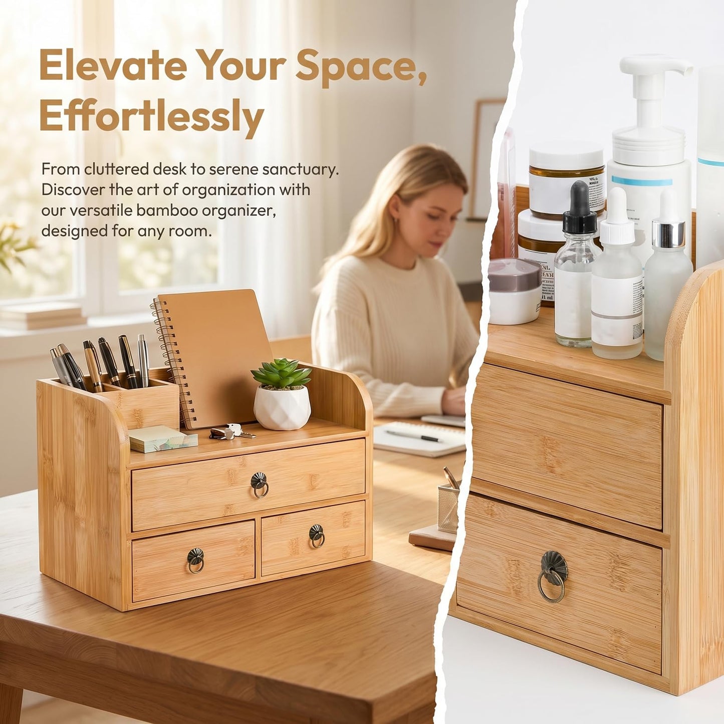 Nicunom Bamboo Desk Organizer, 3-Tier Bamboo Tabletop Storage Organization Multifunctional Desktop