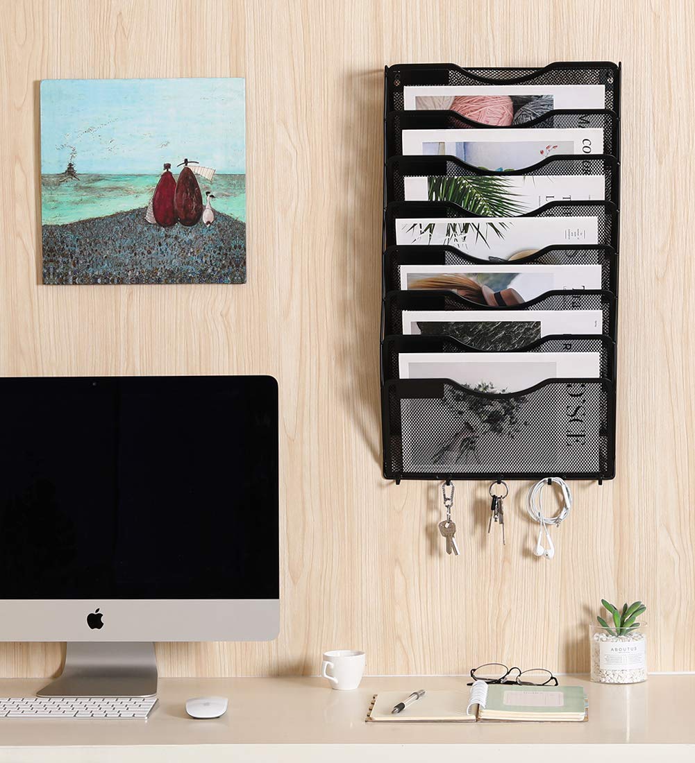 EasyPAG 8 Pocket Mesh Wall File Organizer with Key Hooks, Hanging Paper Folder Holder with Classify