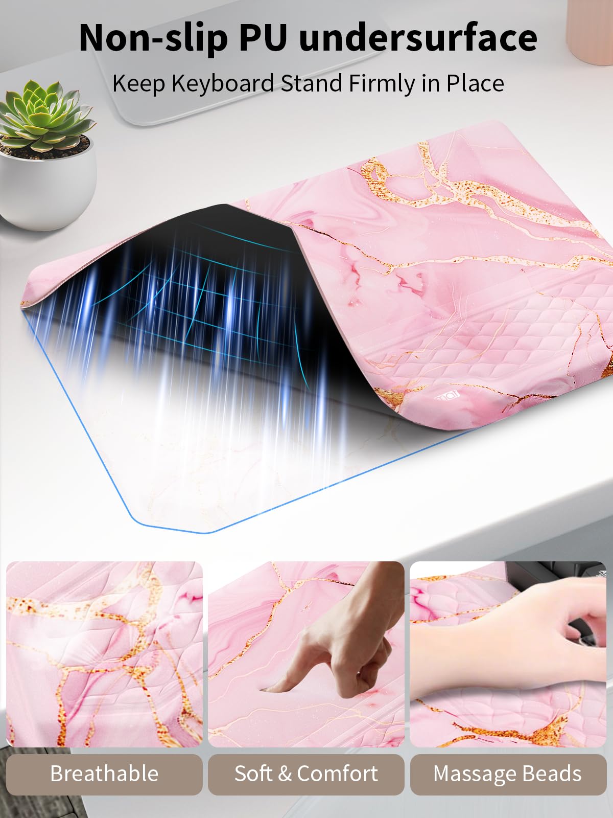 3-in-1 Ergonomic Keyboard Stand with Wrist Rest & Mouse Pad Set,Pink Marble