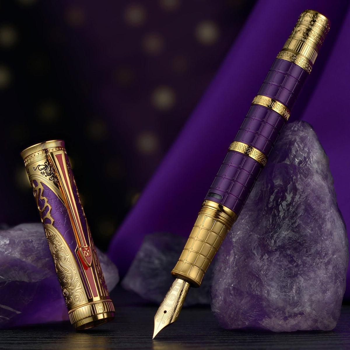 HONG DIAN D5 Qin Dynasty Fountain Pen Purple Gold, Fine Nib Piston Filling Pen, Retro Chinese Totem