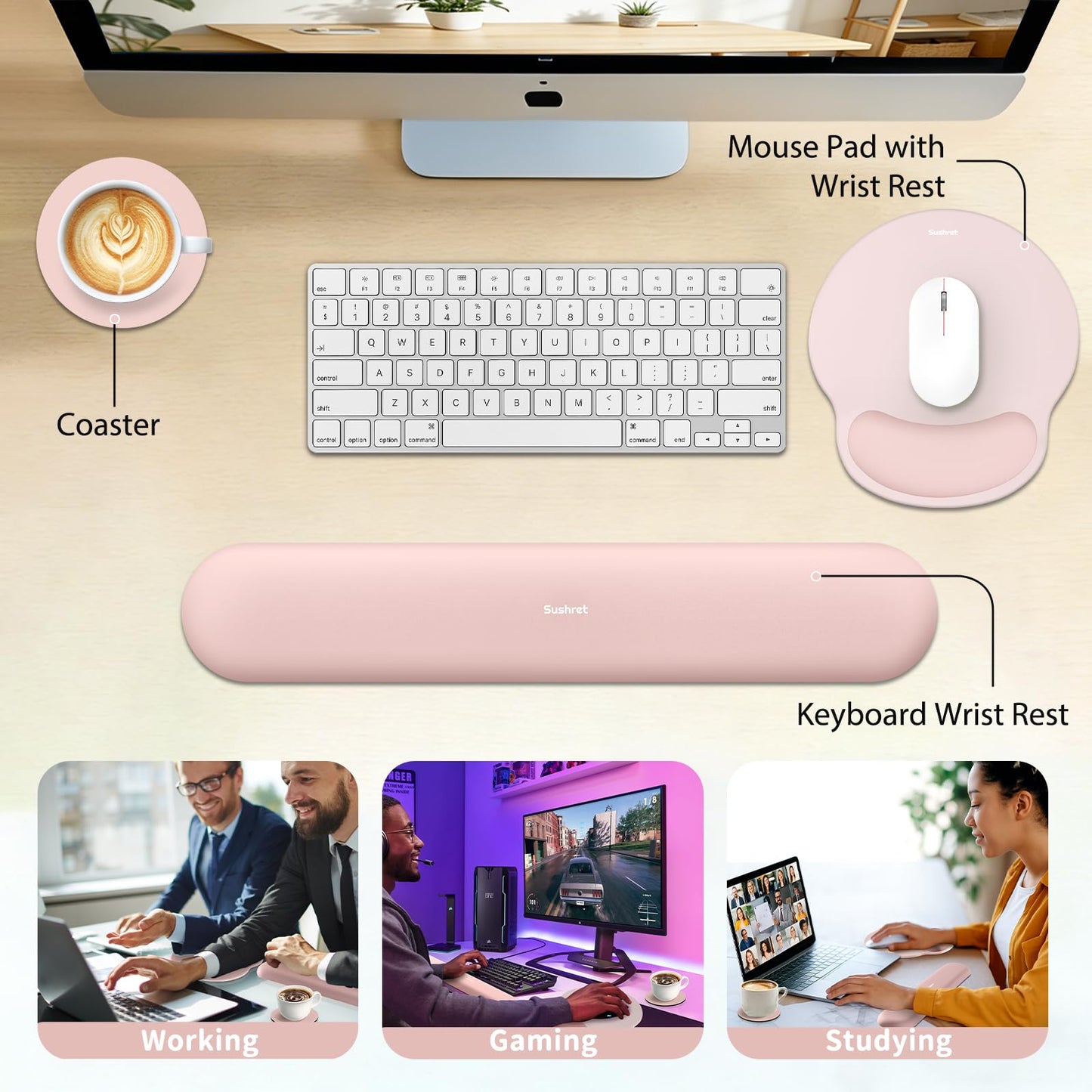 Sushret Mouse Pad and Keyboard Wrist Rest, 3-in-1 Gel Memory Foam Ergonomic Mouse Pad with Wrist