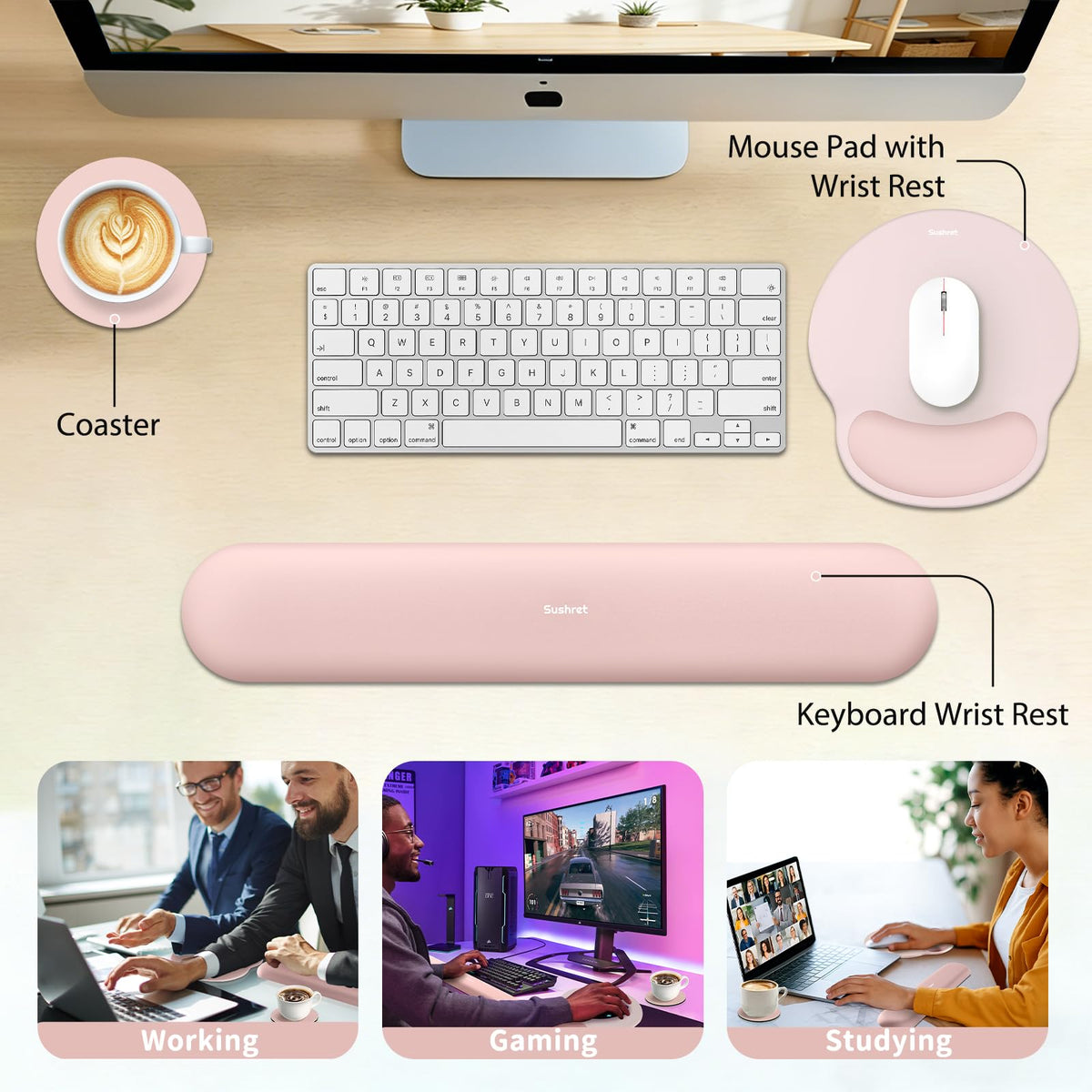 Sushret Mouse Pad and Keyboard Wrist Rest, 3-in-1 Gel Memory Foam Ergonomic Mouse Pad with Wrist