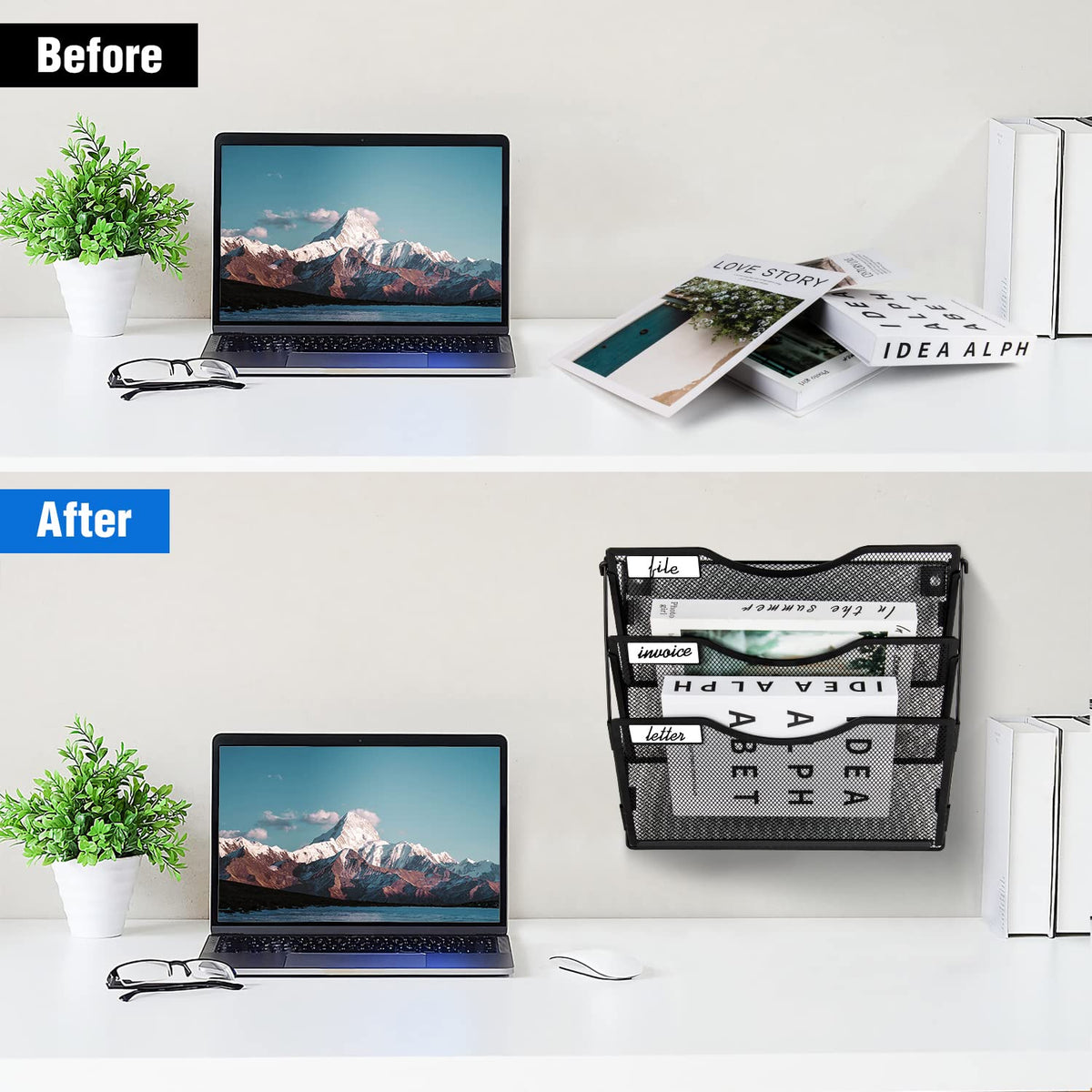BOHDK Wall File Organizer 3 Pockets, Mail Organizer, Hanging Folder Holder, Foldable | Hanging or