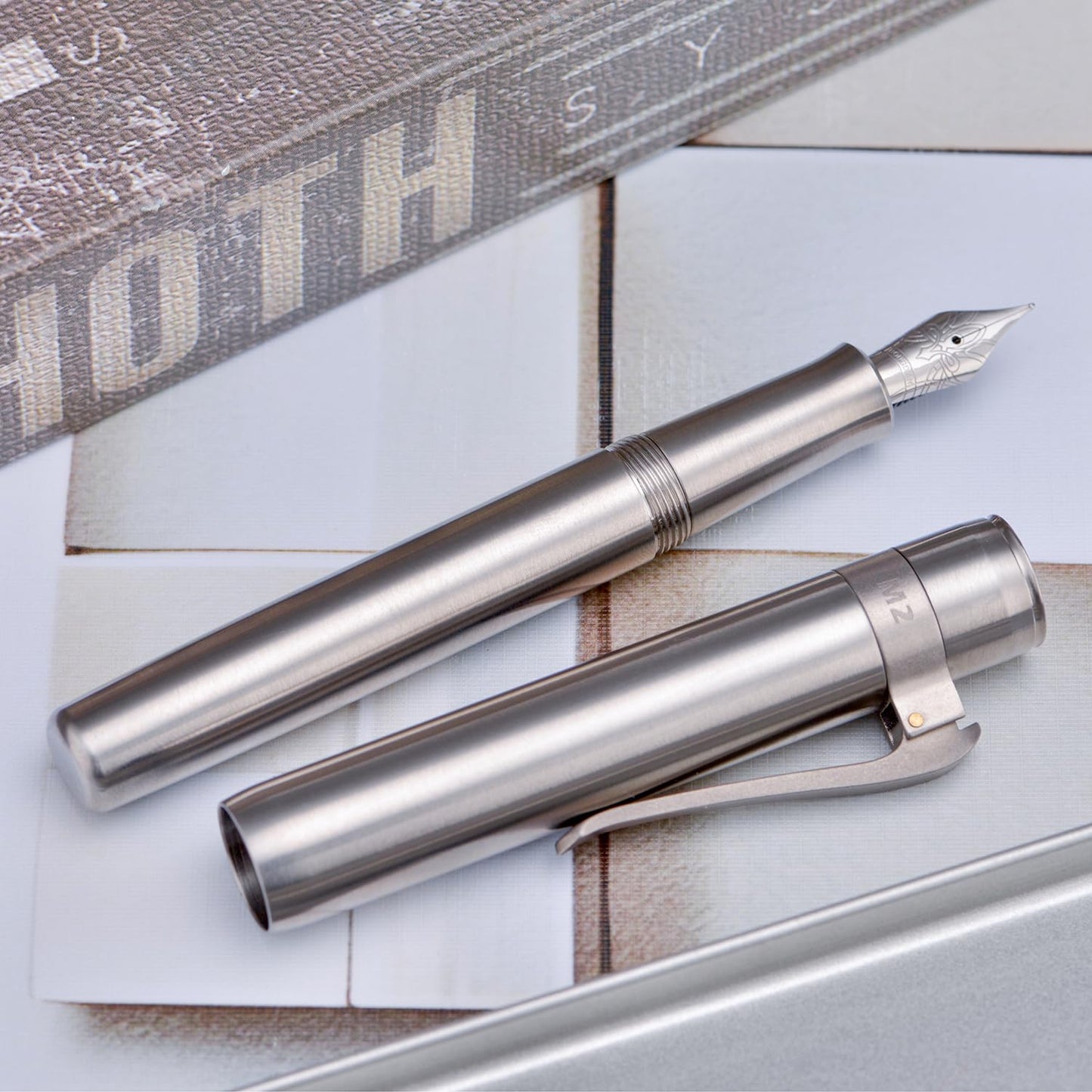 HONG DIAN M2 Titanium Mini Fountain Pen, Extra Fine Soft Nib & Sleek Shape Metal Short Pocket