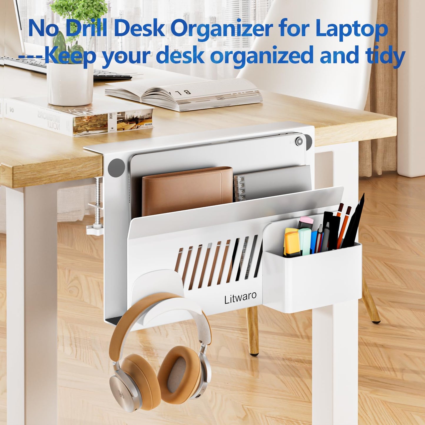 Litwaro Desk Side Storage Organizer, Under Desk Laptop Holder No Drill, Laptop Mount with Magnetic