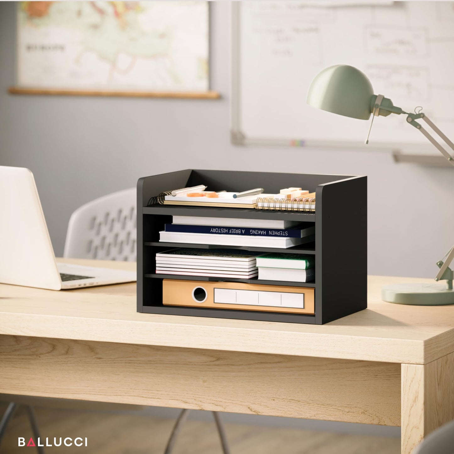 Ballucci File Organizer, 4-Tier Office Desk Organizer, Open Top Wood Paper Organizer for Classroom