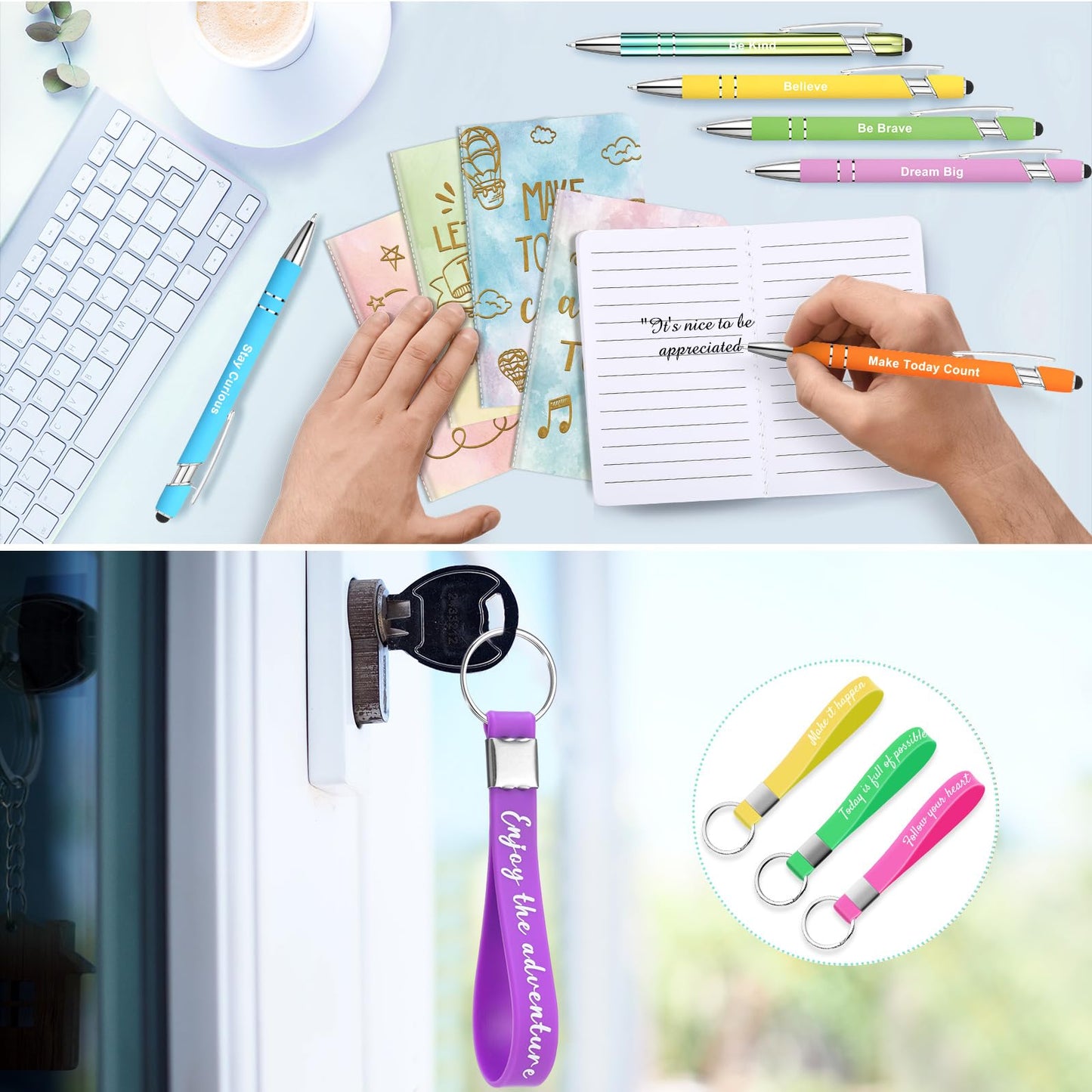 PerKoop 48 Pcs Inspirational Gifts Bulk Motivational Employee Notepads Ballpoint Pens Keychains Set
