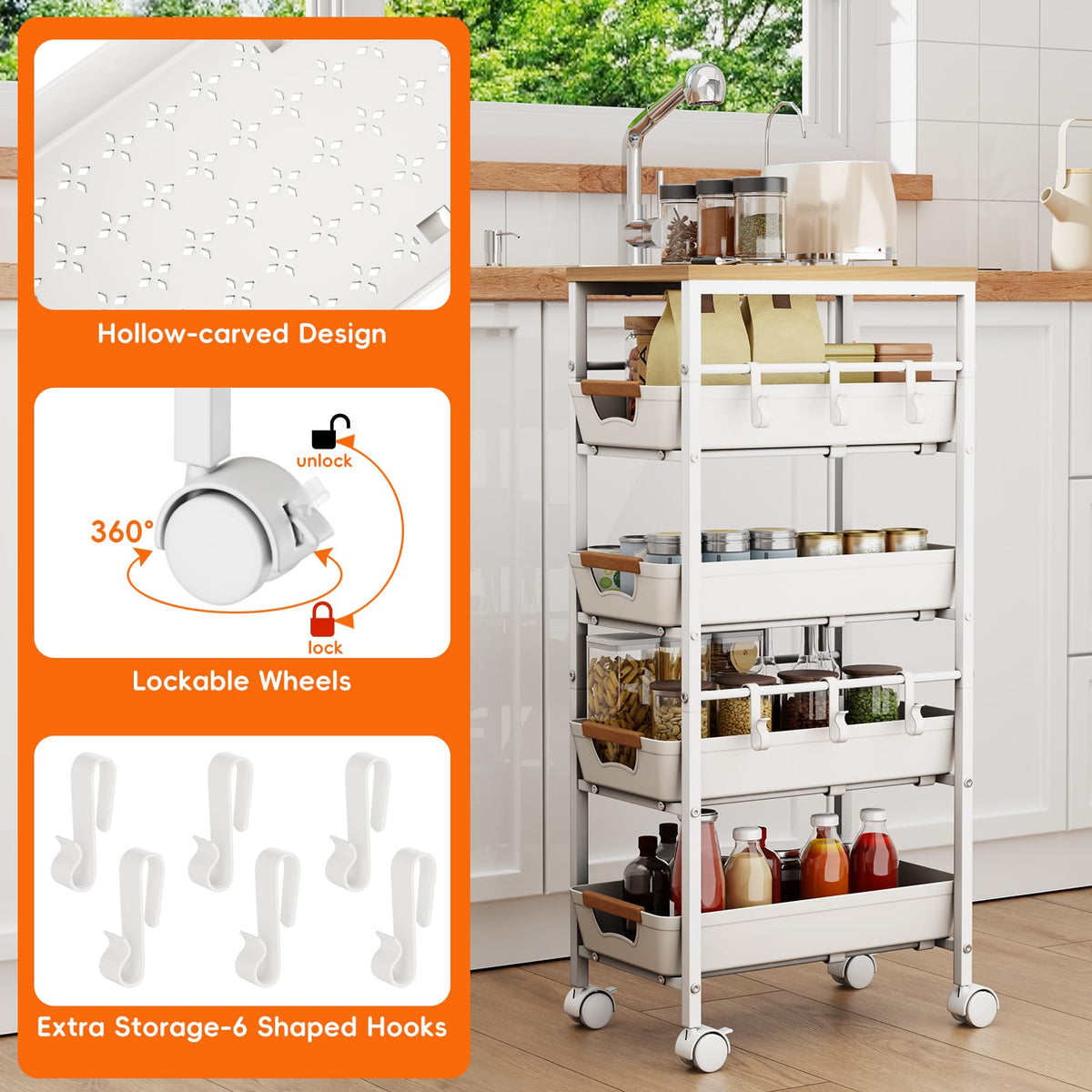 Landmok 5-Tier Slim Storage Cart, Wooden Top Rolling Kitchen Cart with Pull-Out Baskets & Wheels
