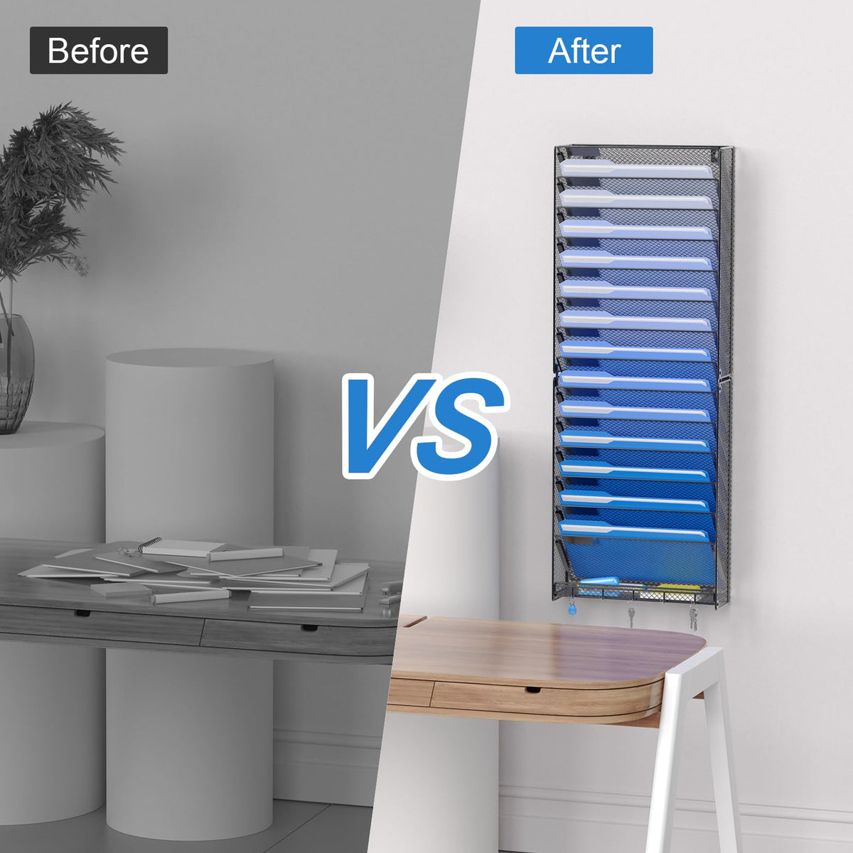 OUTWOLF 15 Tier Wall File Organizer with Hooks, Hanging Wall File Holder Wall Mount Paper Folder