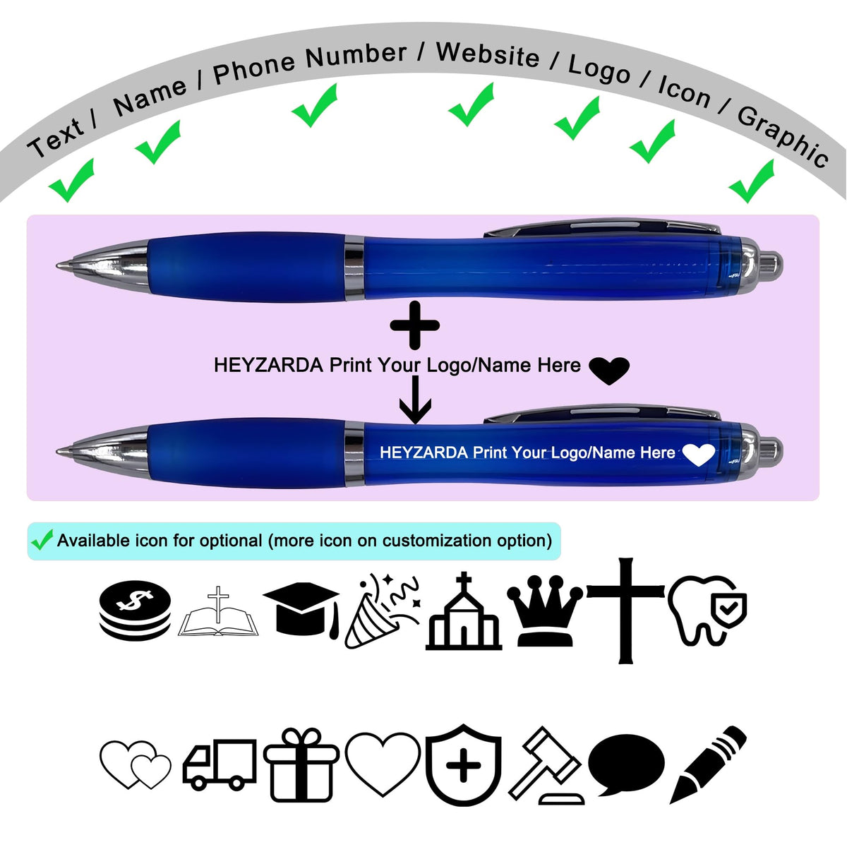 HEYZARDA Personalized Ballpoint Pens with Name for Events, Green, 50 Pcs
