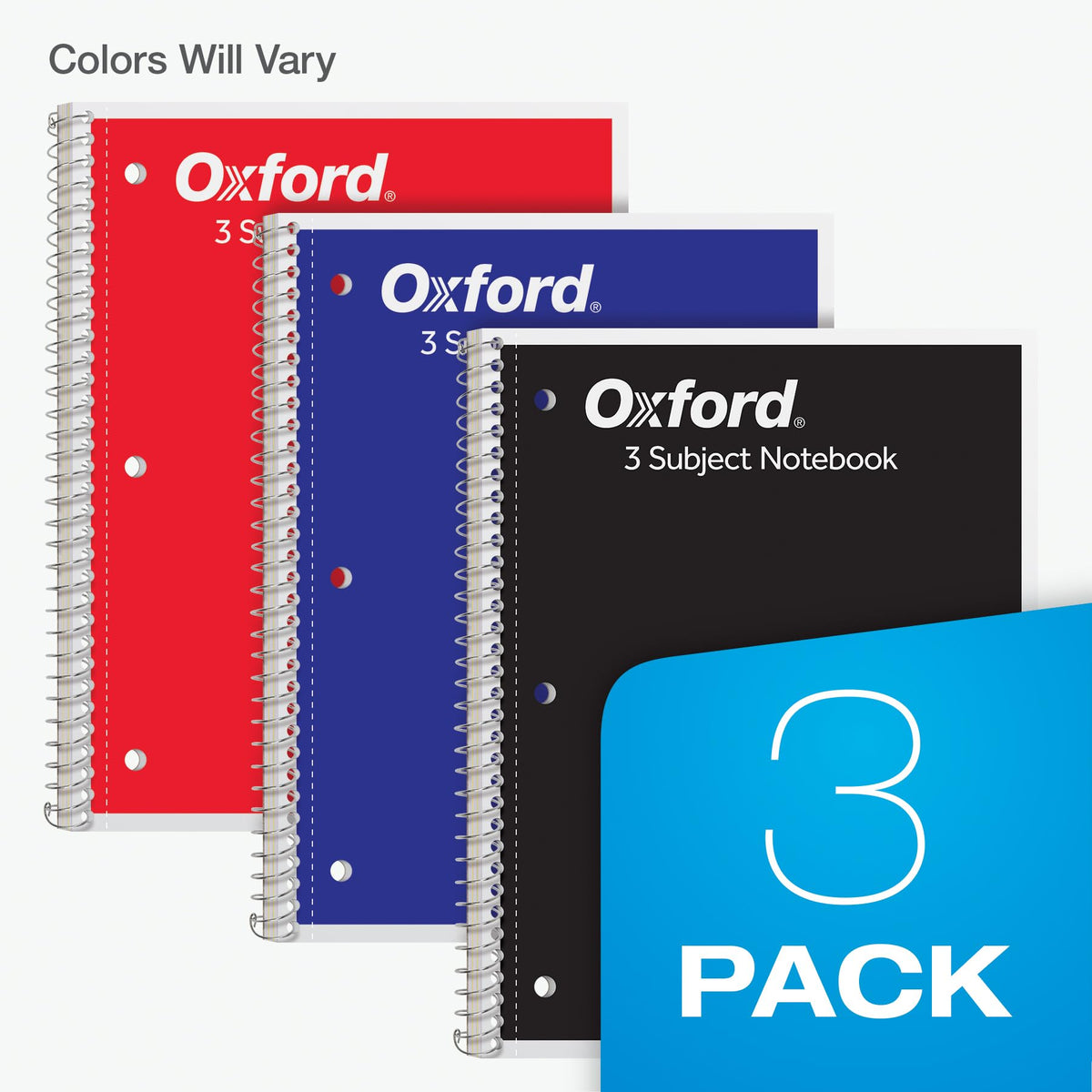 Oxford Spiral Notebooks, 3 Pack, 3 Subject, College Ruled Notebooks for School, 8 x 10.5 Inches