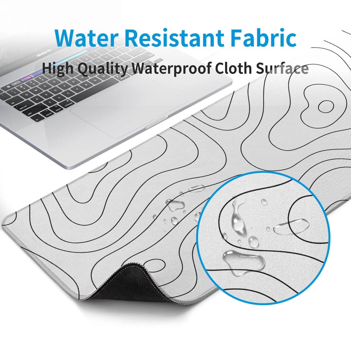 White Large Gaming Mouse Pad Desk Pad Topographic Map Big Keyboard Mat 31.5x11.8inch Computer