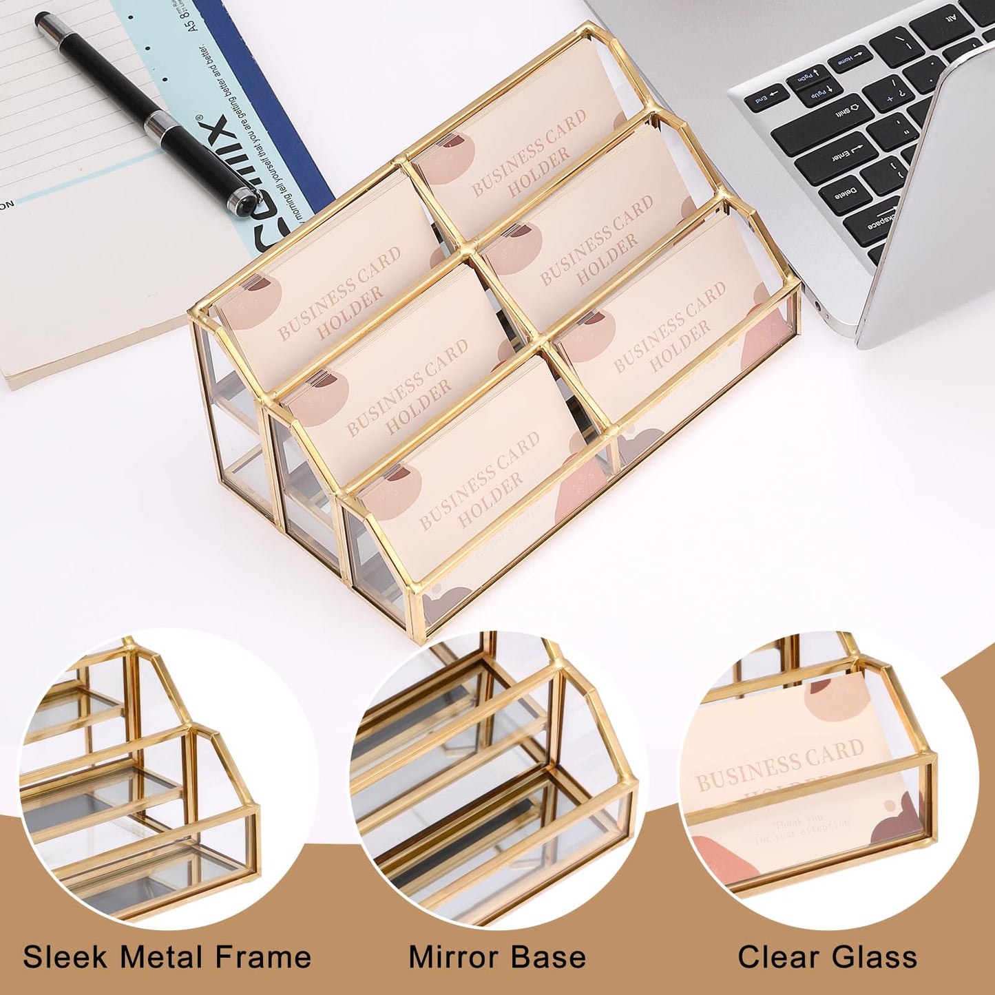 Hipiwe Gold Glass Business Card Holder for Desk, 6-Slot Can Holds 400 Cards