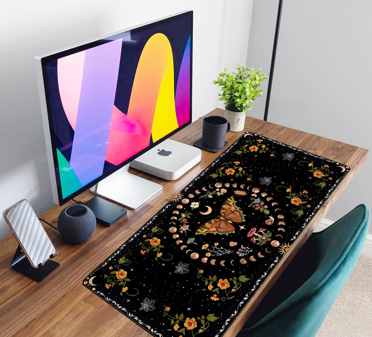 Moth Desk Pad Mushroom Phase Moon Phase Desk Mat, Boho Flowers and Leaves Computer Big Mouse Pad
