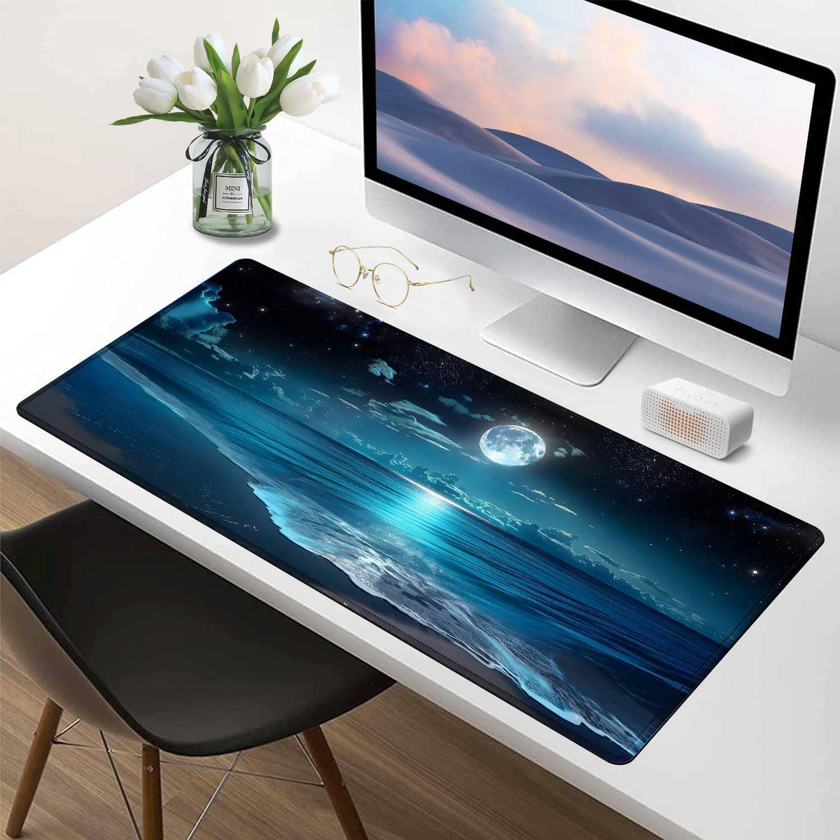 Moon Illuminating The Clear Blue Ocean Design Large Mouse pad,Large Extended Gaming Mouse Pad with