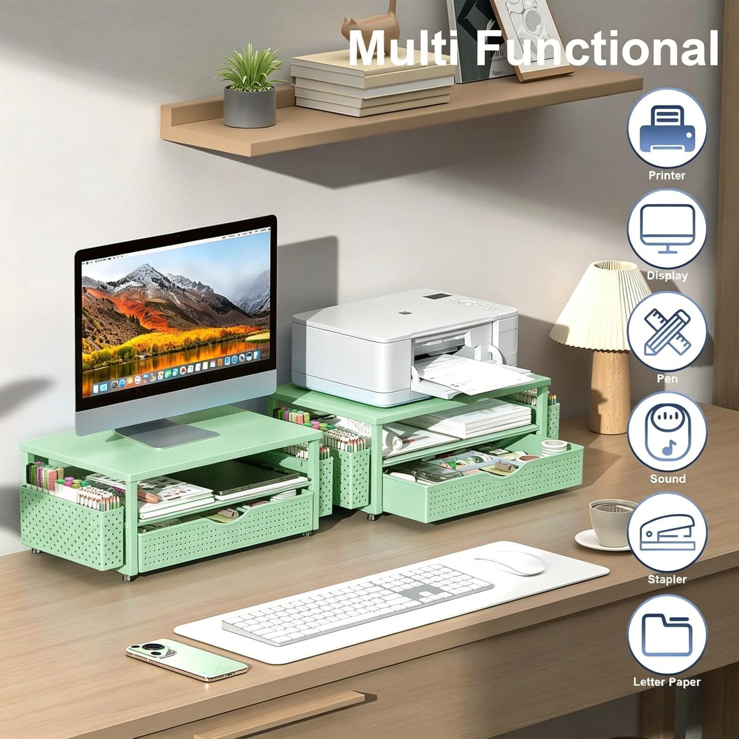 Desk Organizers and Accessories, Printer Stand with Storage, Sage Green
