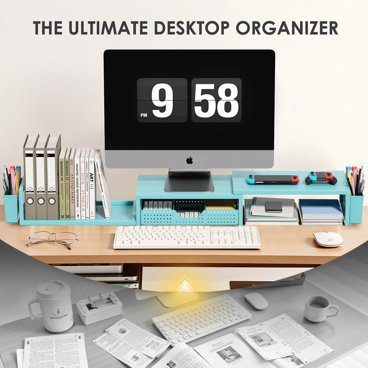 Desk Organizers and Accessories, Dual Monitor Stand Riser with Drawer and 2 Pen Holders, Desk Shelf