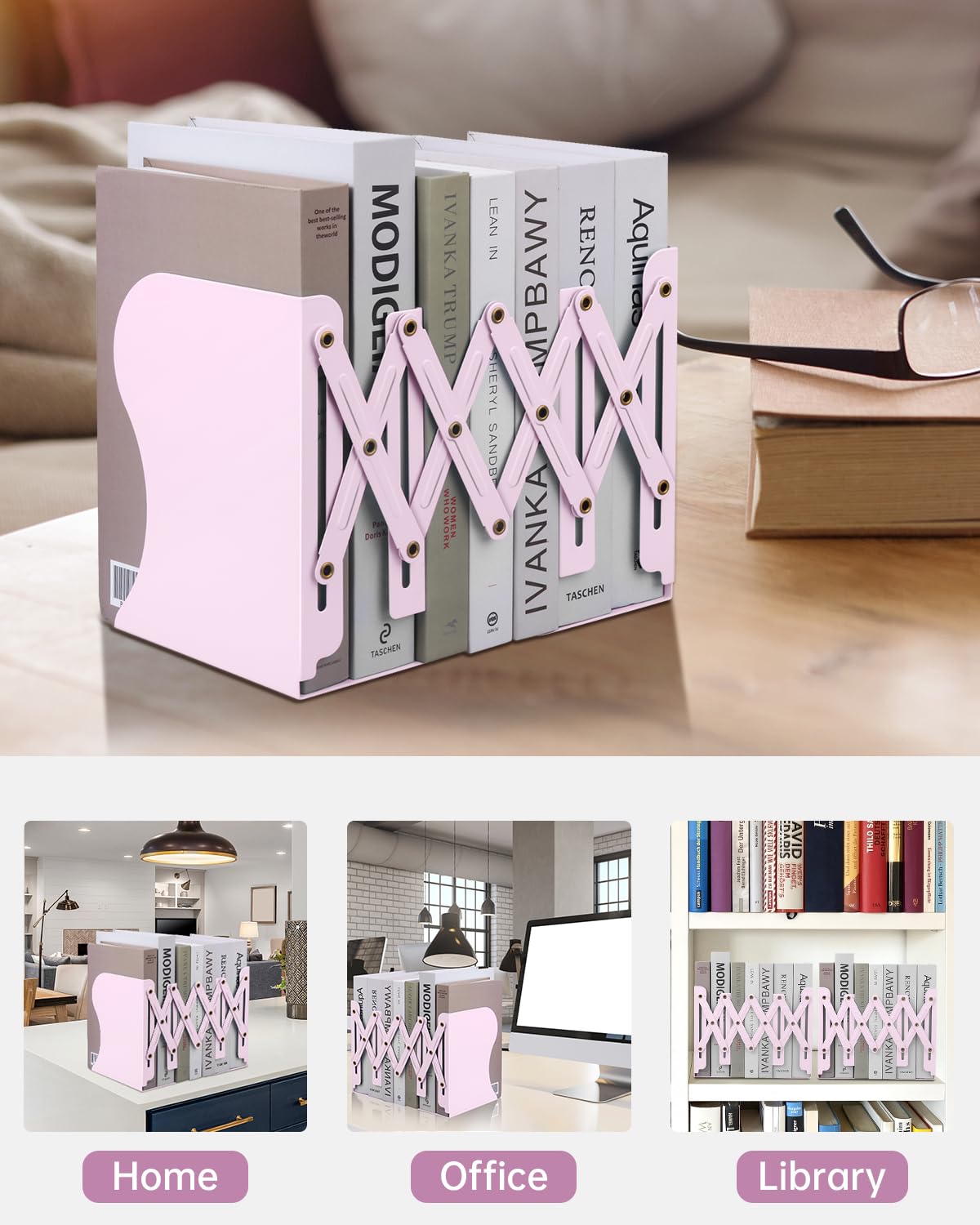 Honagu Adjustable Bookends, Metal Book Ends for Shelves Heavy Book, Desk Magazine File Organizer