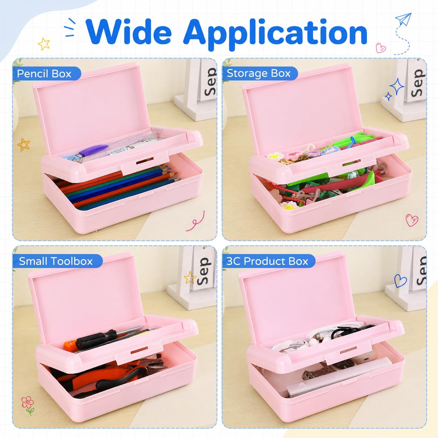 6 Pack Plastic Hard Color Double Layer Cute Pencil Box Case For Girl Boy