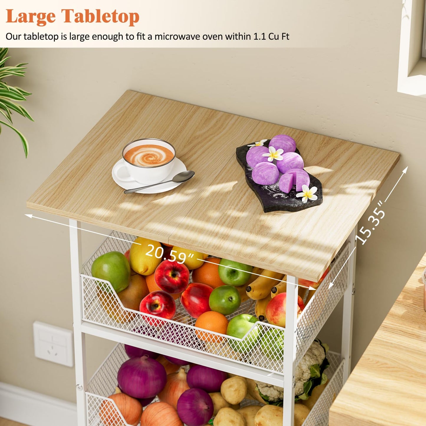 ThreeHio Rolling Kitchen Microwave Cart with Fruit Baskets, 4 Tier Microwave Table Stand with