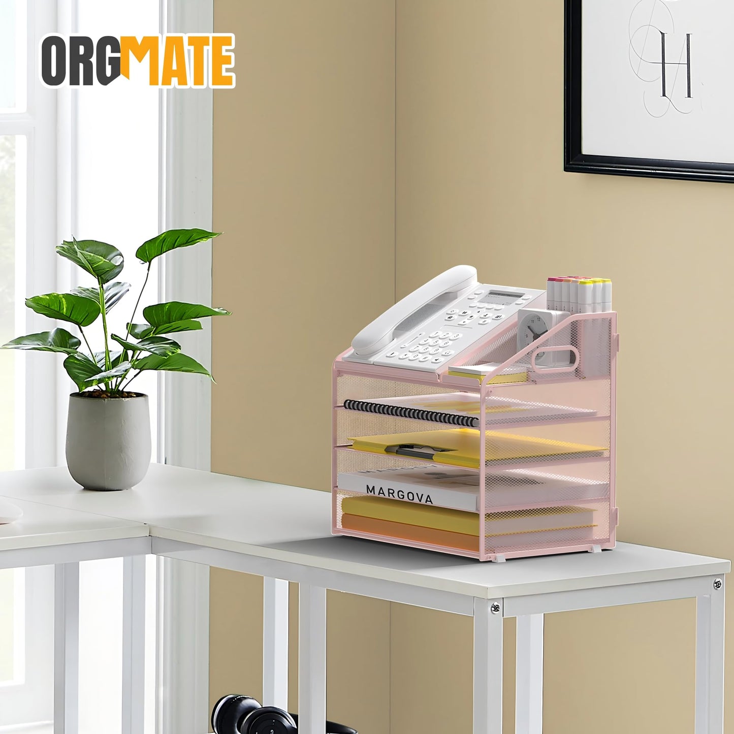 OrgMate 5 Tier Mesh Desk Organizer with Pen Holder and Handle Letter Tray