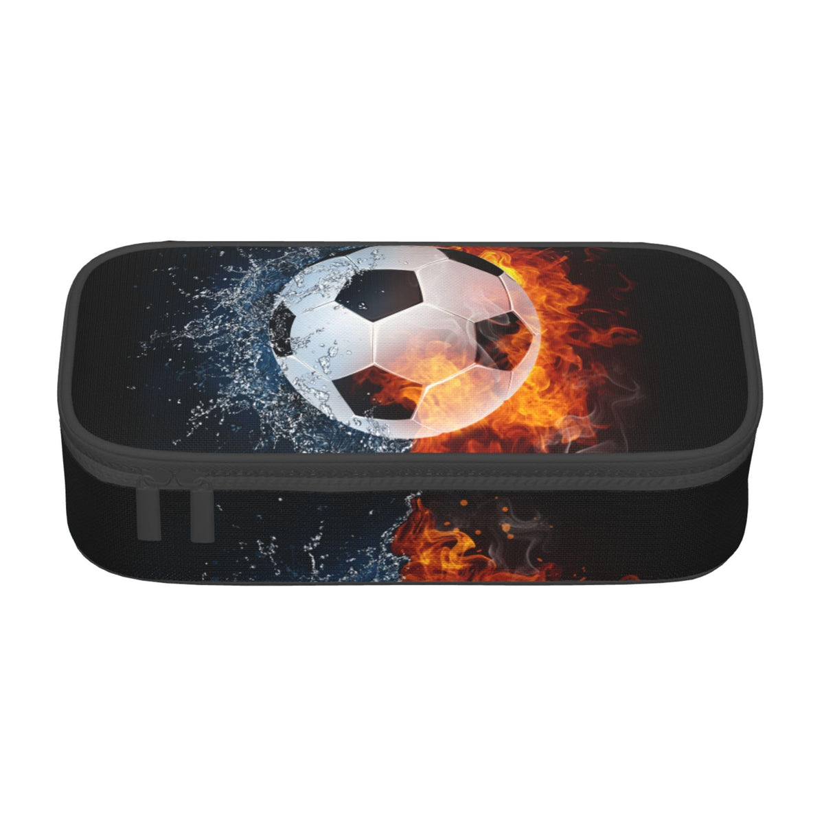 Boys Soccer Pencil Case with Water & Fire Pattern Print, Cool Black Pencil Box for Kids