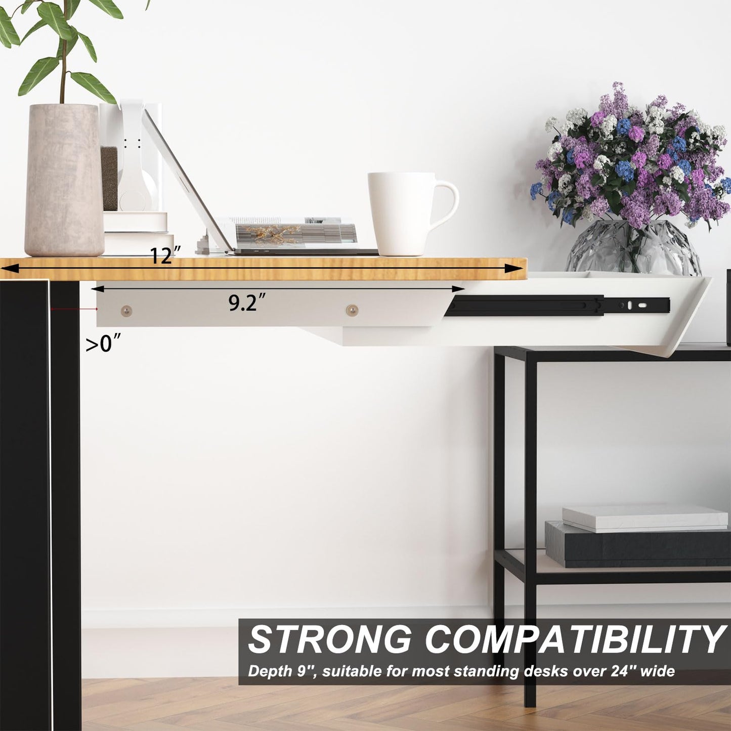 Gaxomo White Large Under Desk Mounted Sliding Drawer with 2 Cable Hole and 60 Degree Tilt Panel to