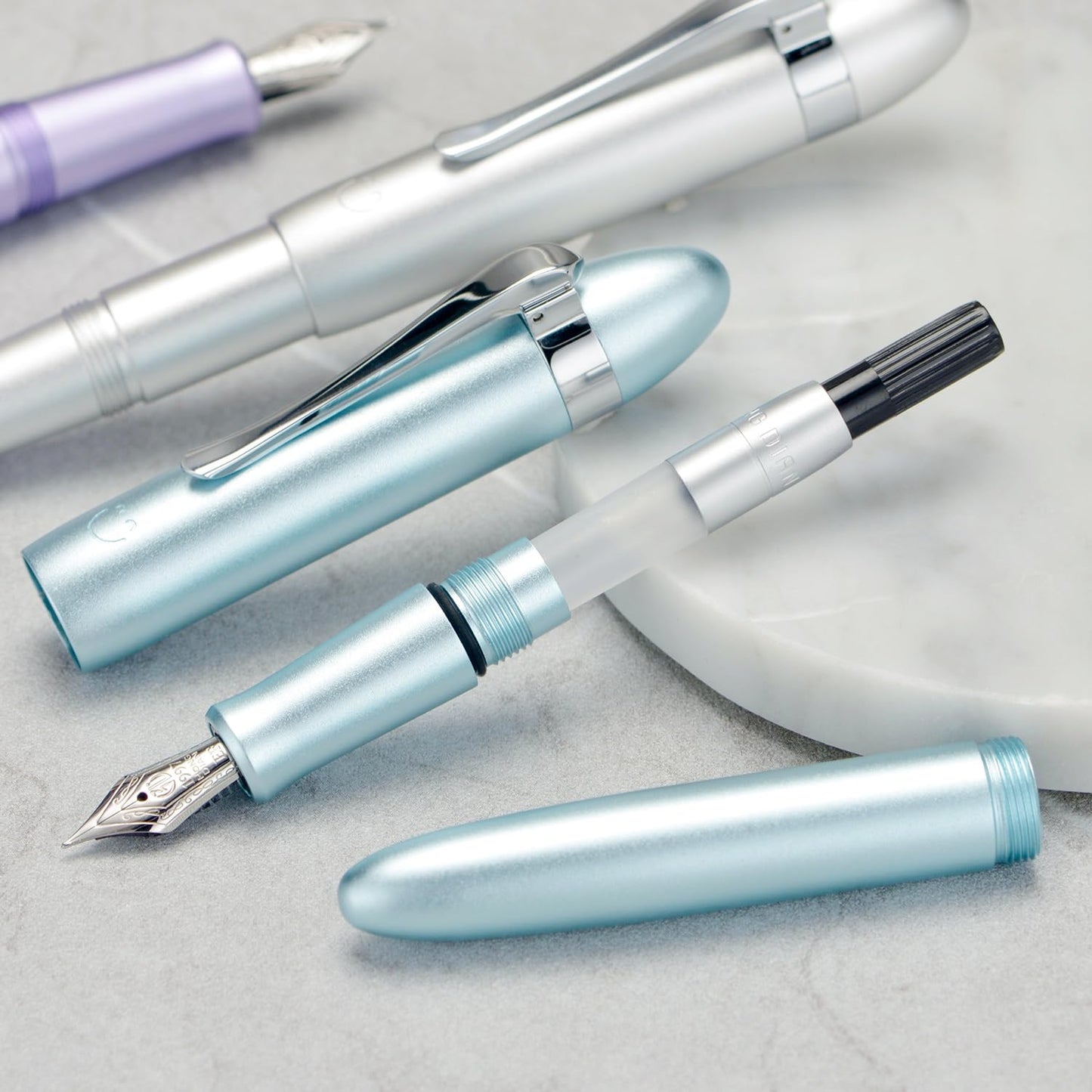 HONG DIAN M1 Fountain Pen Fine Nib, Ice Blue & Submarine Shape Aluminium Short Mini Pocket Travel